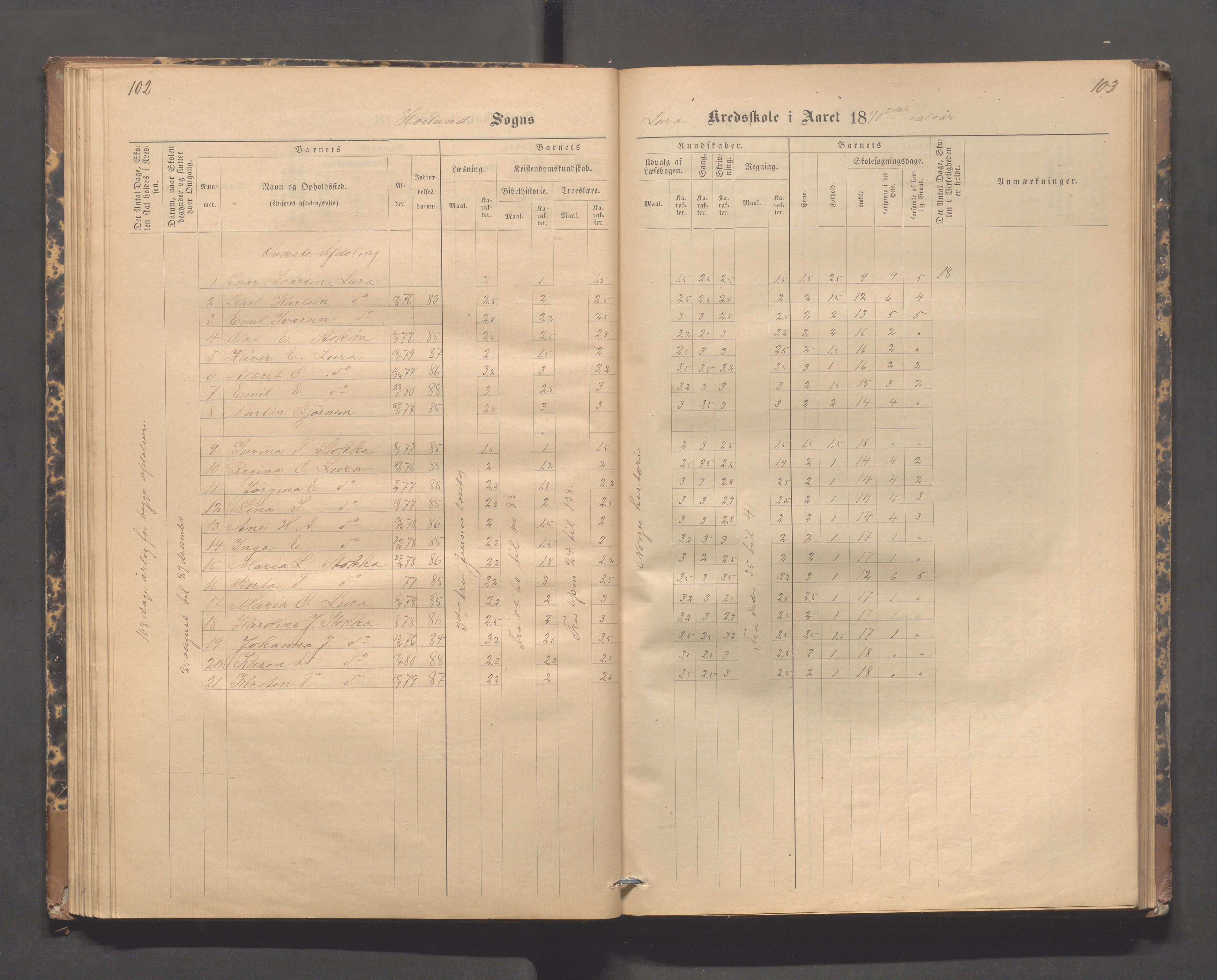 Høyland kommune - Lura skole, IKAR/K-100081/F/L0002: Skoleprotokoll, 1878-1896, p. 102-103