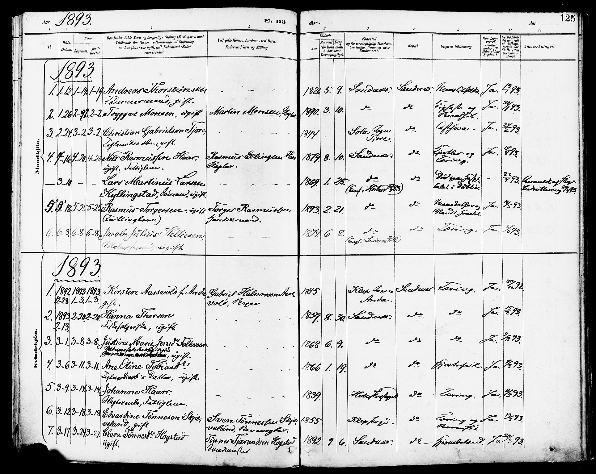 Høyland sokneprestkontor, SAST/A-101799/001/30BA/L0014: Parish register (official) no. A 12, 1890-1898, p. 125