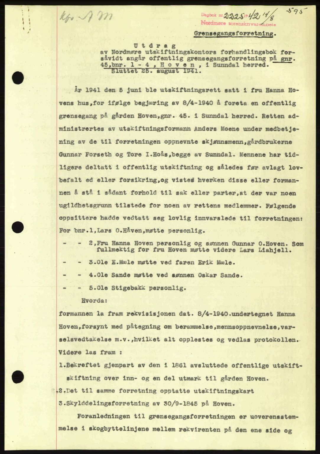 Nordmøre sorenskriveri, AV/SAT-A-4132/1/2/2Ca: Mortgage book no. A93, 1942-1942, Diary no: : 2225/1942