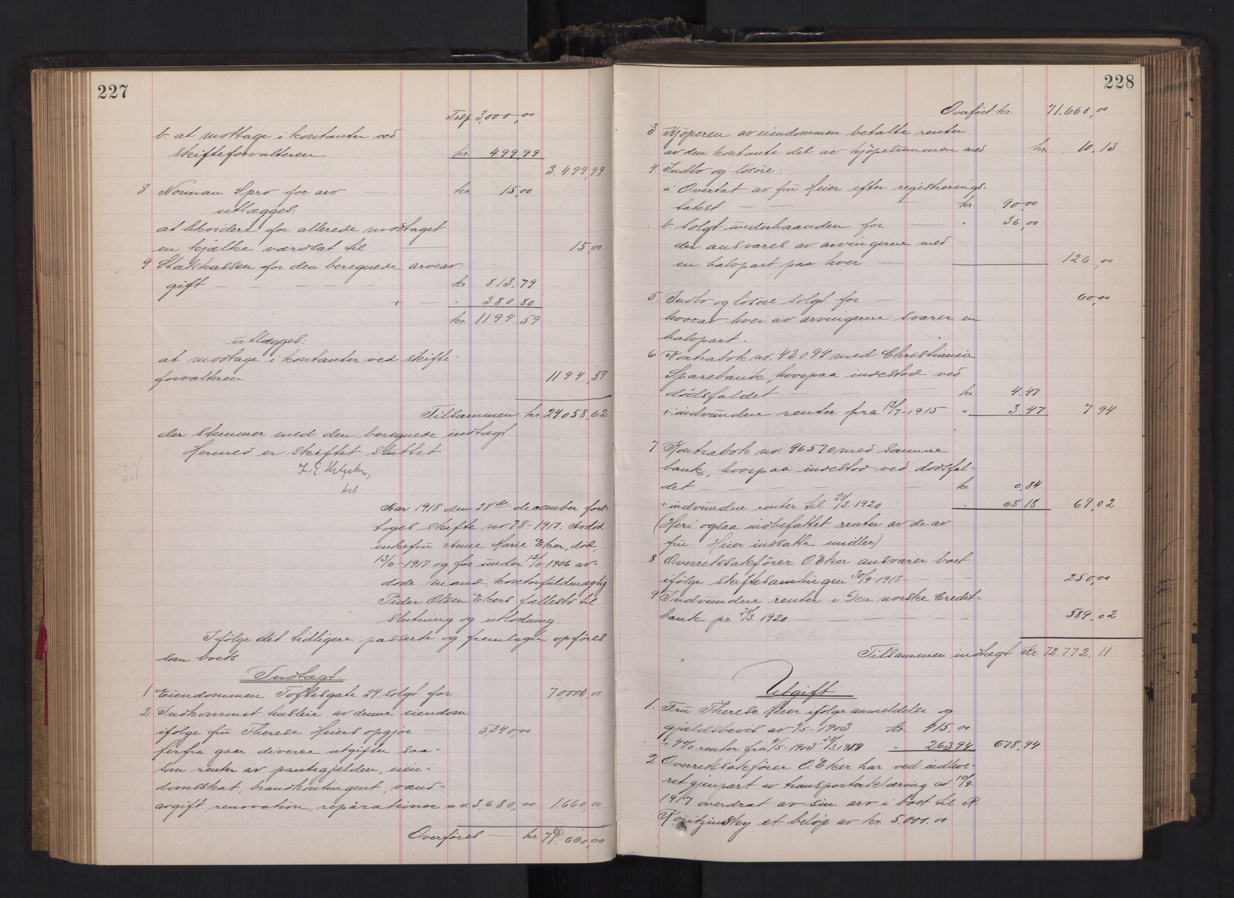 Oslo skifterett, AV/SAO-A-10383/H/Hd/Hdb/L0013: Skifteutlodningsprotokoll, 1918-1920, p. 227-228