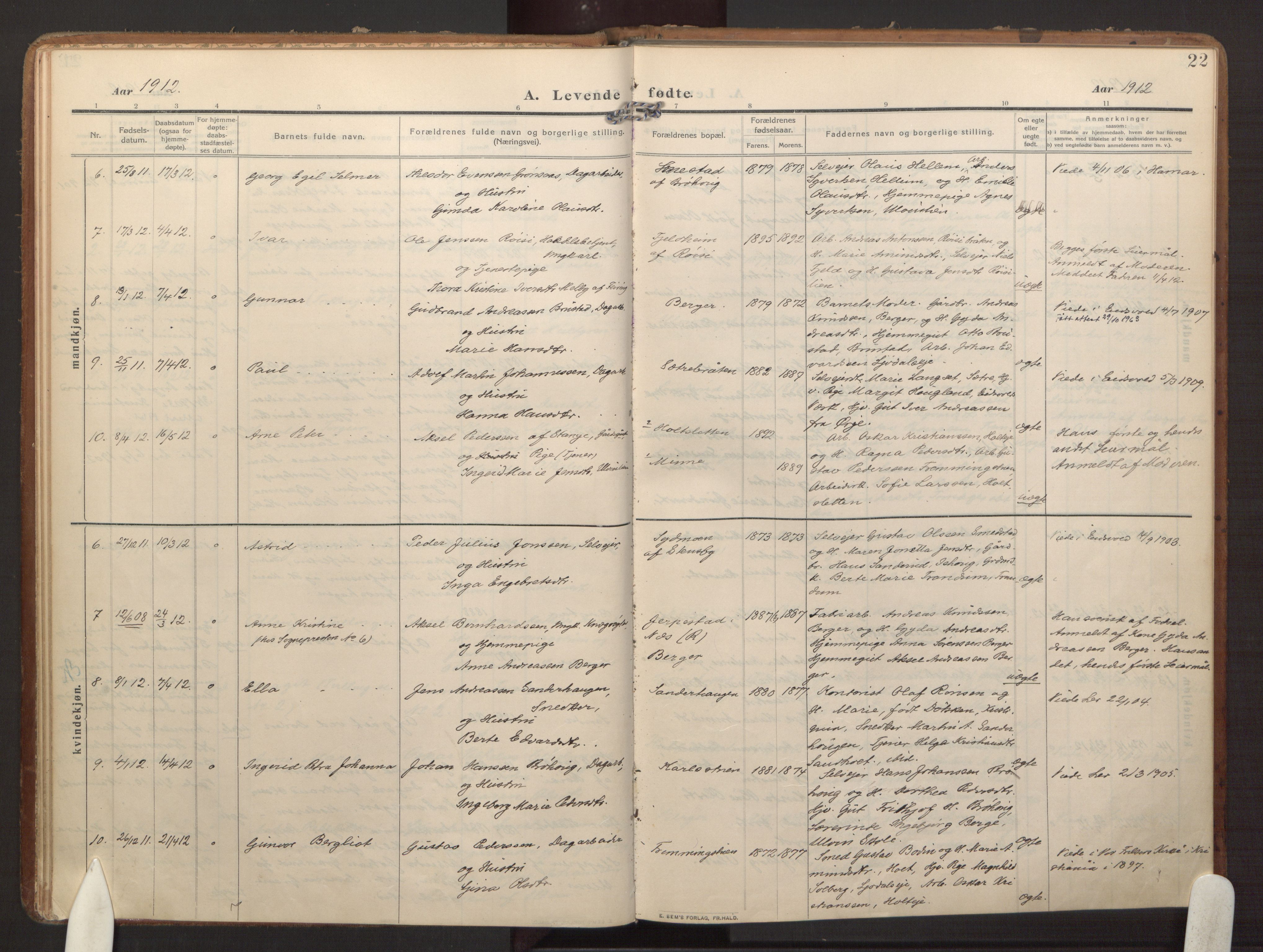 Eidsvoll prestekontor Kirkebøker, AV/SAO-A-10888/F/Fb/L0004: Parish register (official) no. II 4, 1909-1919, p. 22