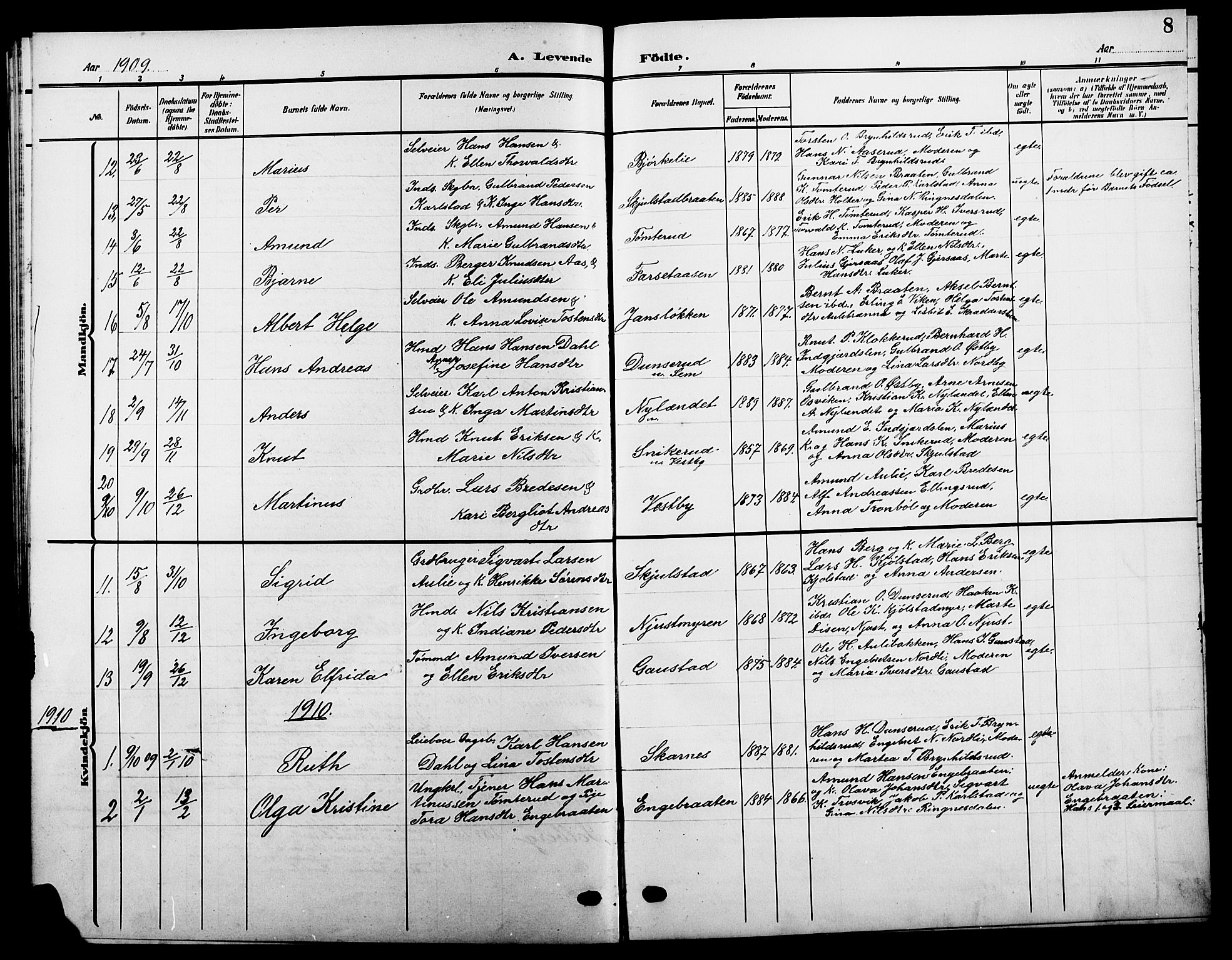 Sør-Odal prestekontor, AV/SAH-PREST-030/H/Ha/Hab/L0006: Parish register (copy) no. 6, 1906-1919, p. 8