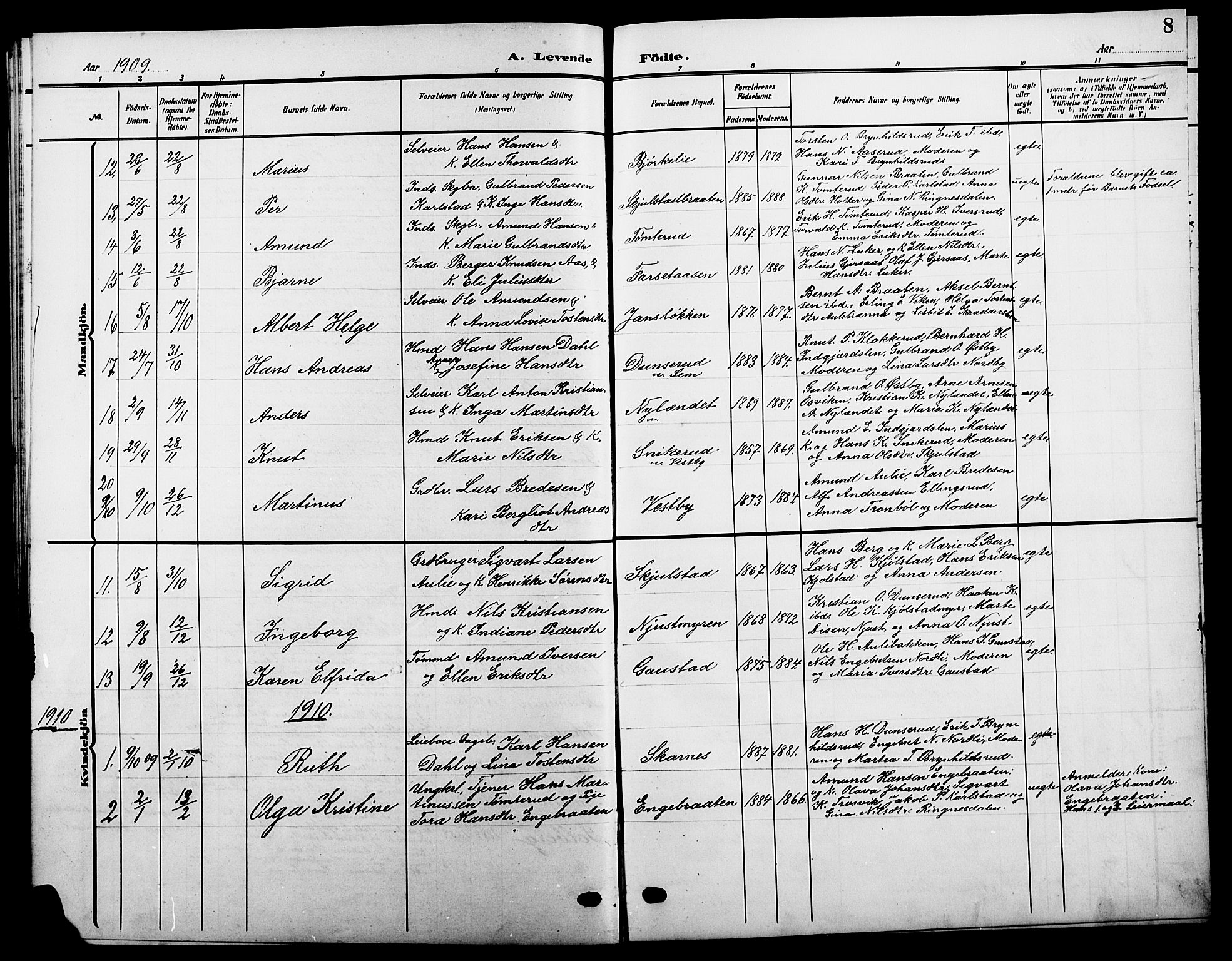 Sør-Odal prestekontor, SAH/PREST-030/H/Ha/Hab/L0006: Parish register (copy) no. 6, 1906-1919, p. 8