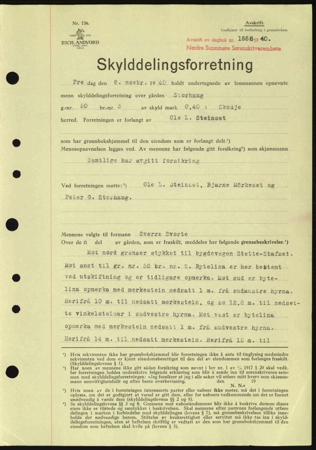 Nordre Sunnmøre sorenskriveri, AV/SAT-A-0006/1/2/2C/2Ca: Mortgage book no. A10, 1940-1941, Diary no: : 1556/1940