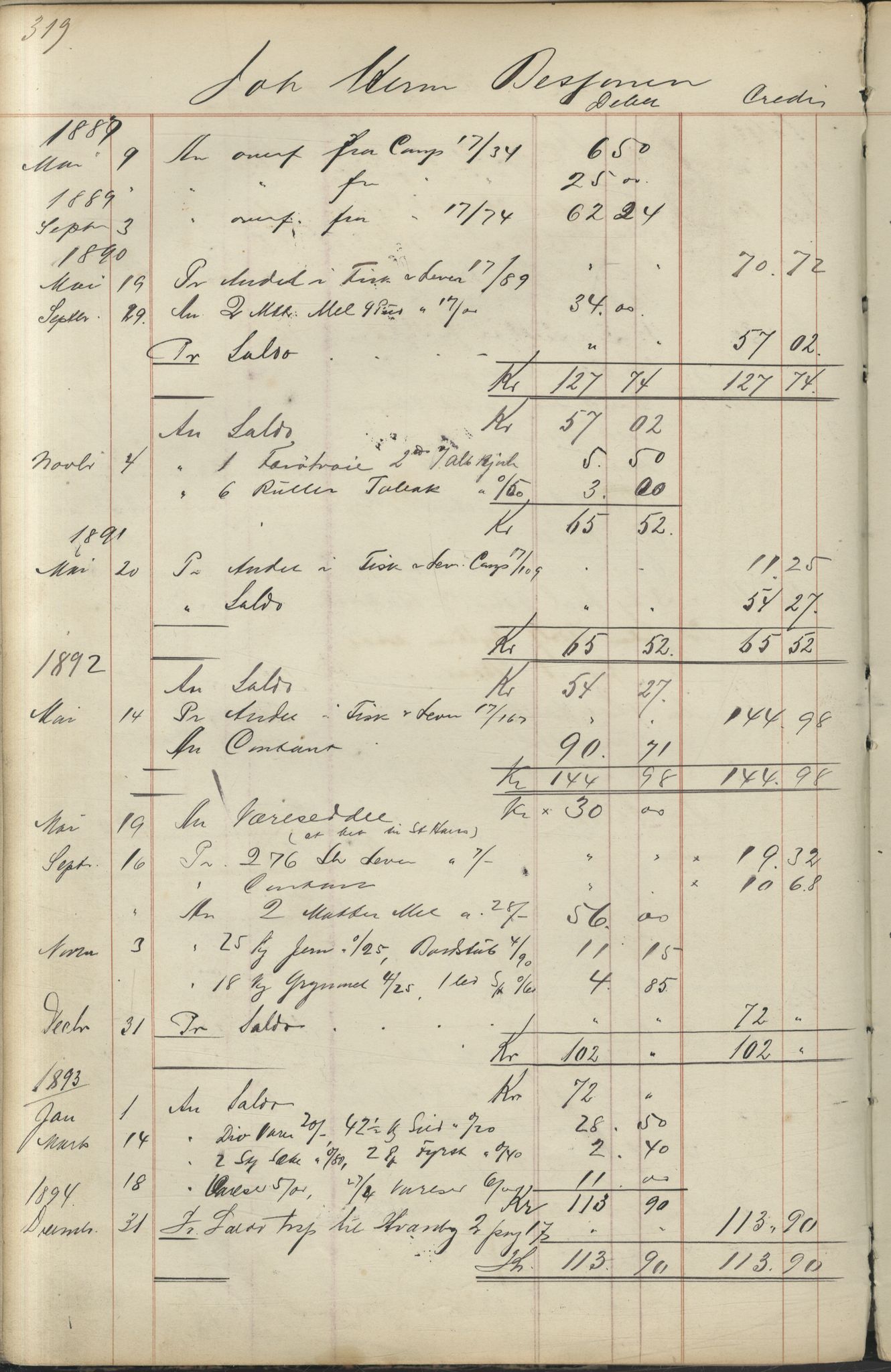 Brodtkorb handel A/S, VAMU/A-0001/F/Fc/L0001/0001: Konto for kvener og nordmenn på Kolahalvøya  / Conto for Kvæner og Nordmænd paa Russefinmarken No 1, 1868-1894, p. 319