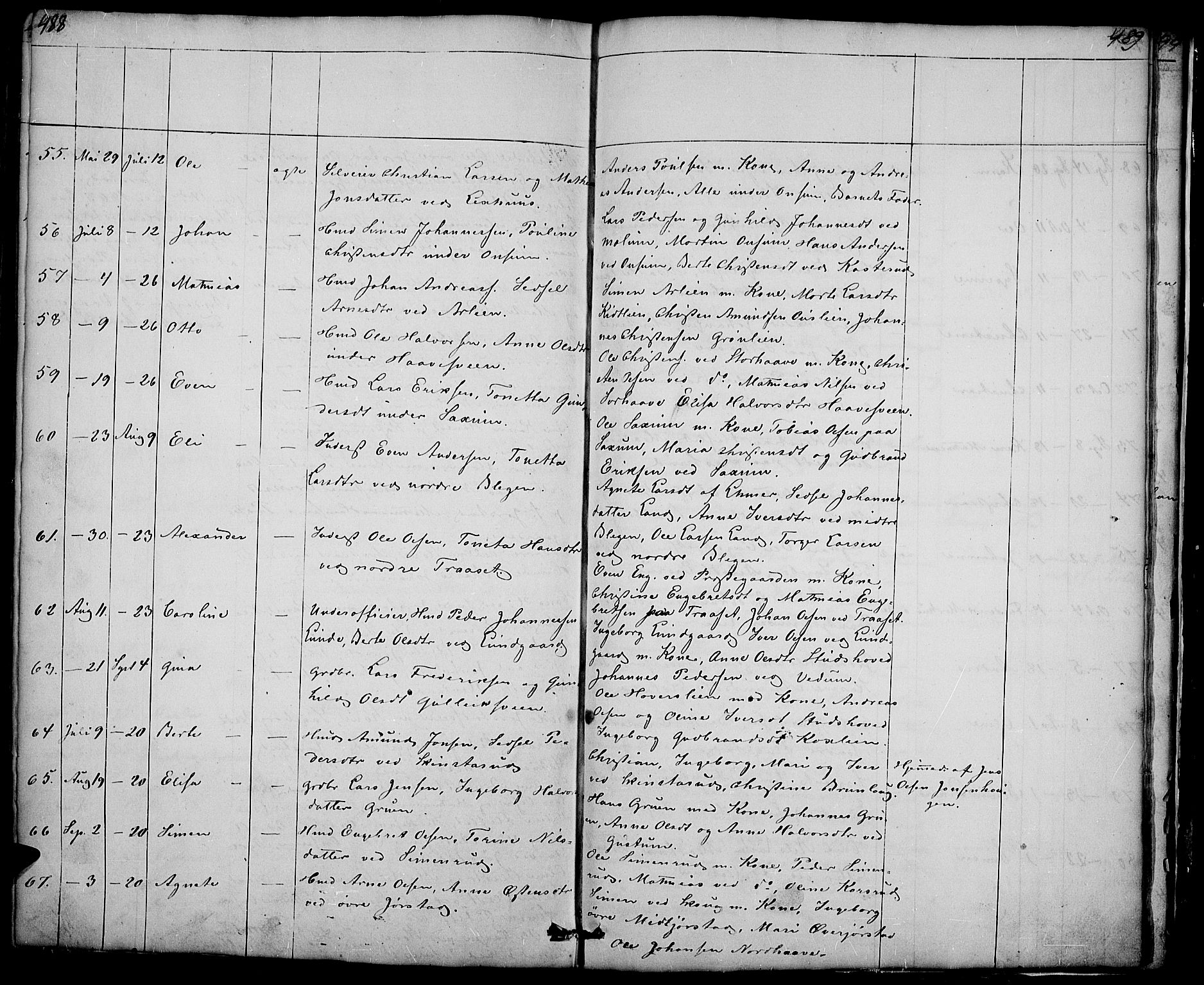 Fåberg prestekontor, SAH/PREST-086/H/Ha/Hab/L0005: Parish register (copy) no. 5, 1837-1864, p. 488-489