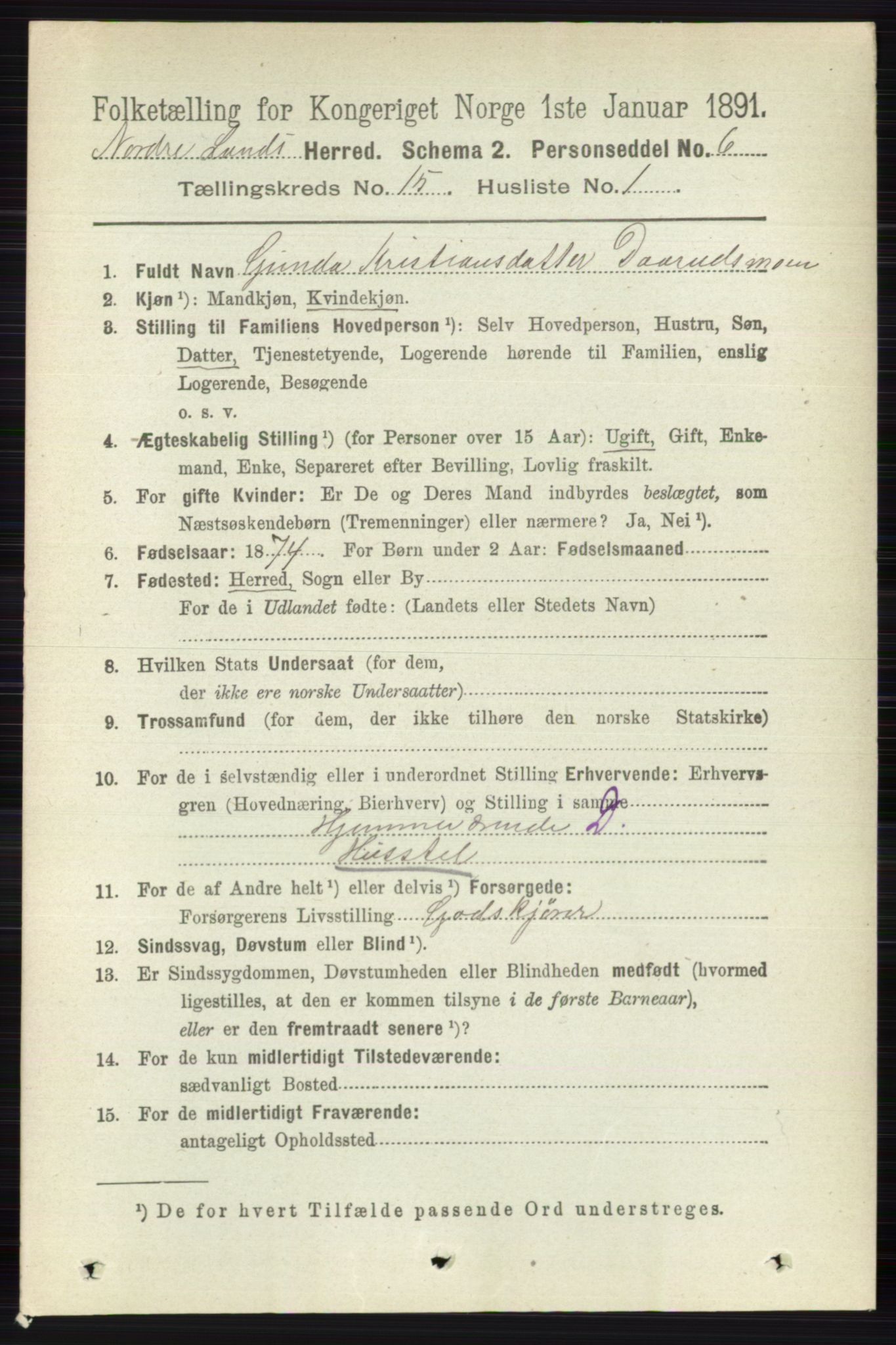 RA, 1891 census for 0538 Nordre Land, 1891, p. 3801