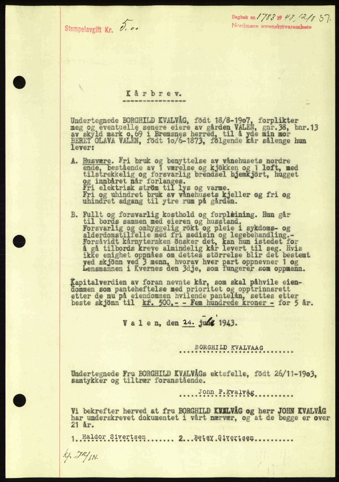 Nordmøre sorenskriveri, AV/SAT-A-4132/1/2/2Ca: Mortgage book no. B91, 1943-1944, Diary no: : 1783/1943