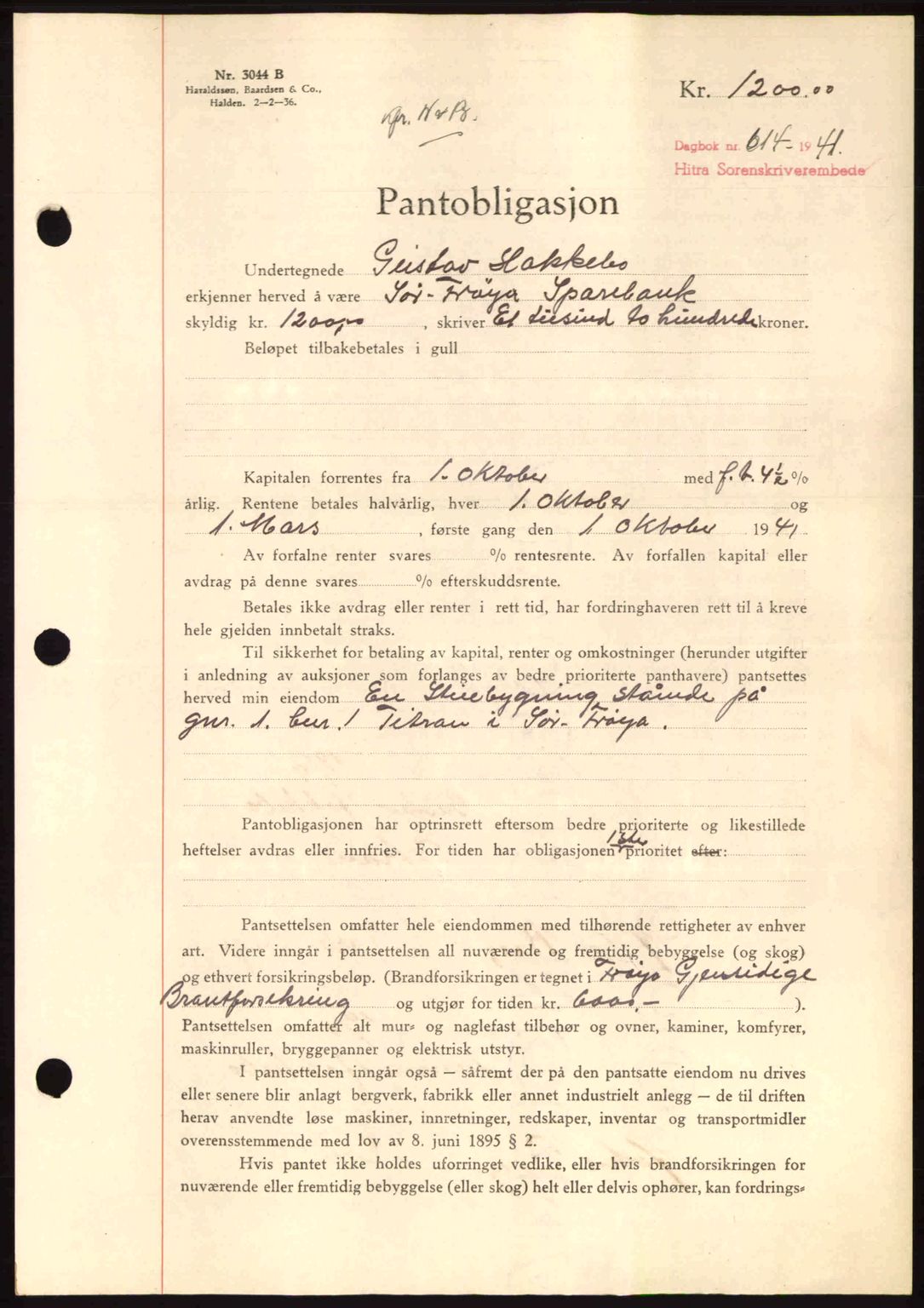 Hitra sorenskriveri, AV/SAT-A-0018/2/2C/2Ca: Mortgage book no. B1, 1939-1949, Diary no: : 614/1941