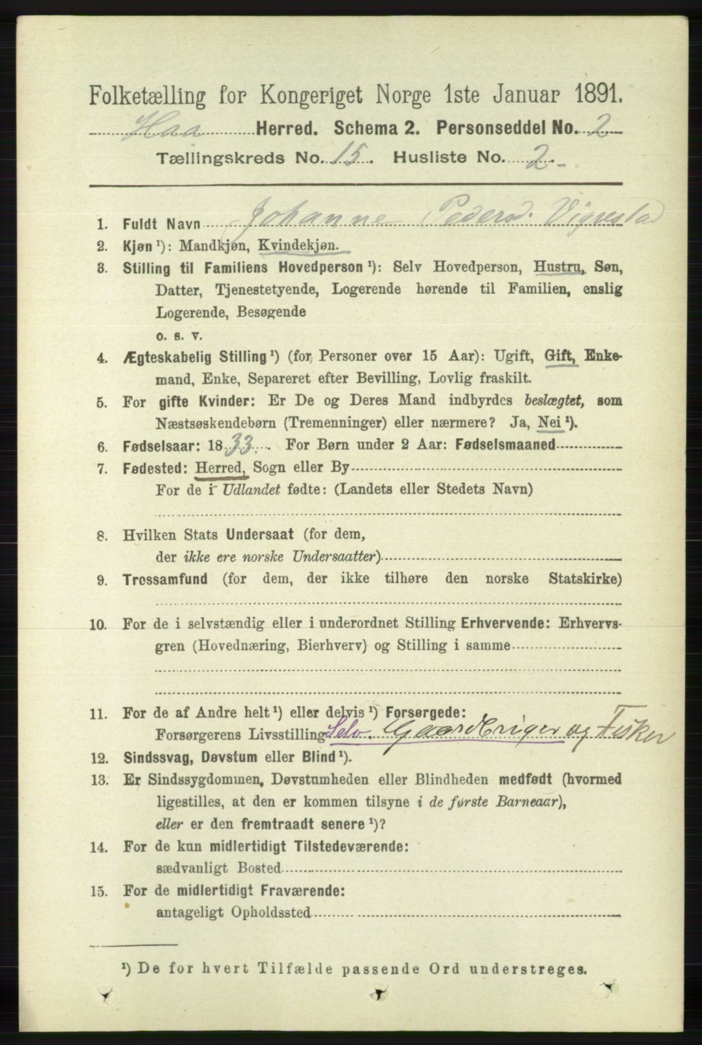 RA, 1891 census for 1119 Hå, 1891, p. 3649