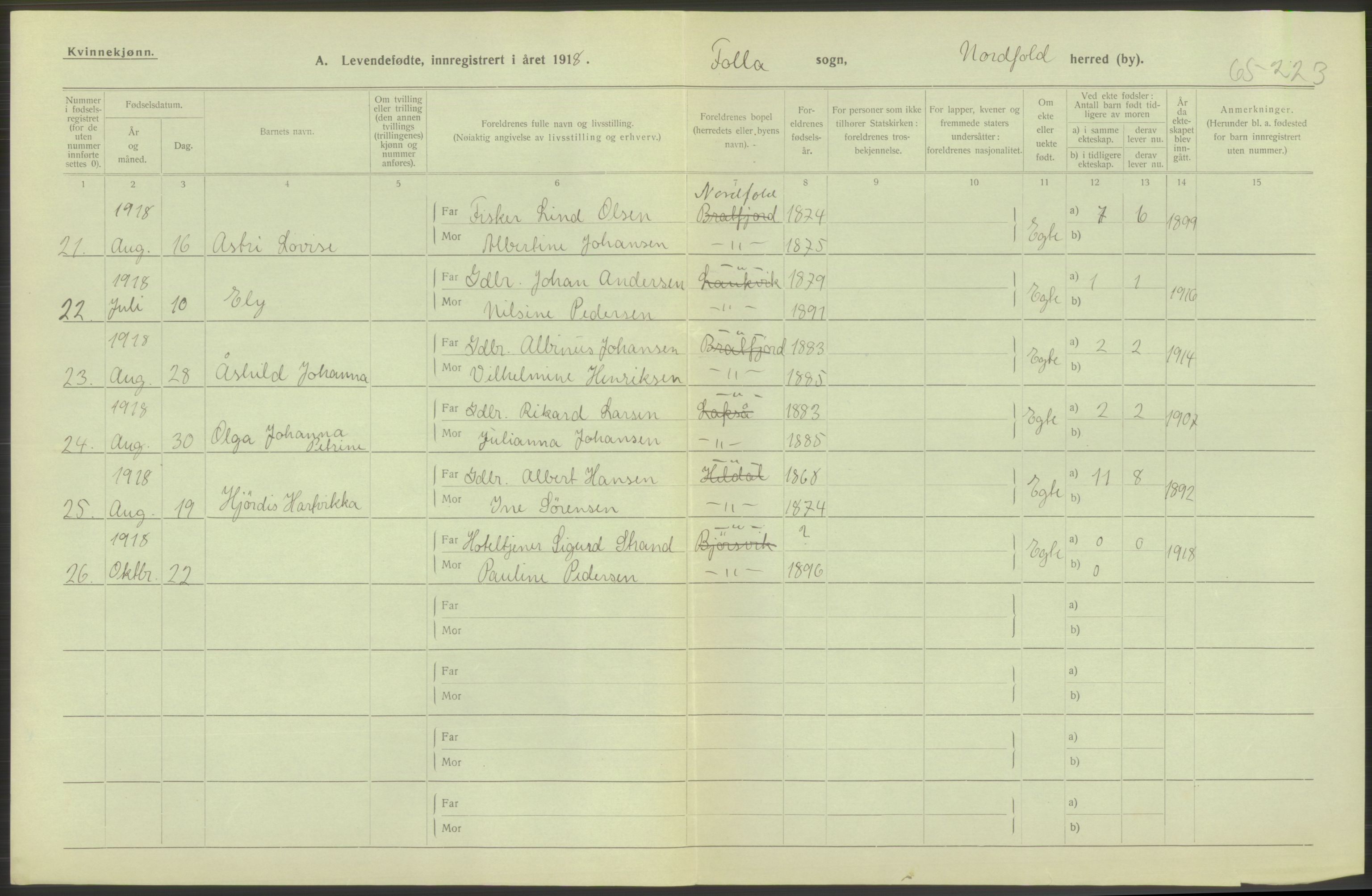 Statistisk sentralbyrå, Sosiodemografiske emner, Befolkning, RA/S-2228/D/Df/Dfb/Dfbh/L0052: Nordland fylke: Levendefødte menn og kvinner. Bygder., 1918, p. 252