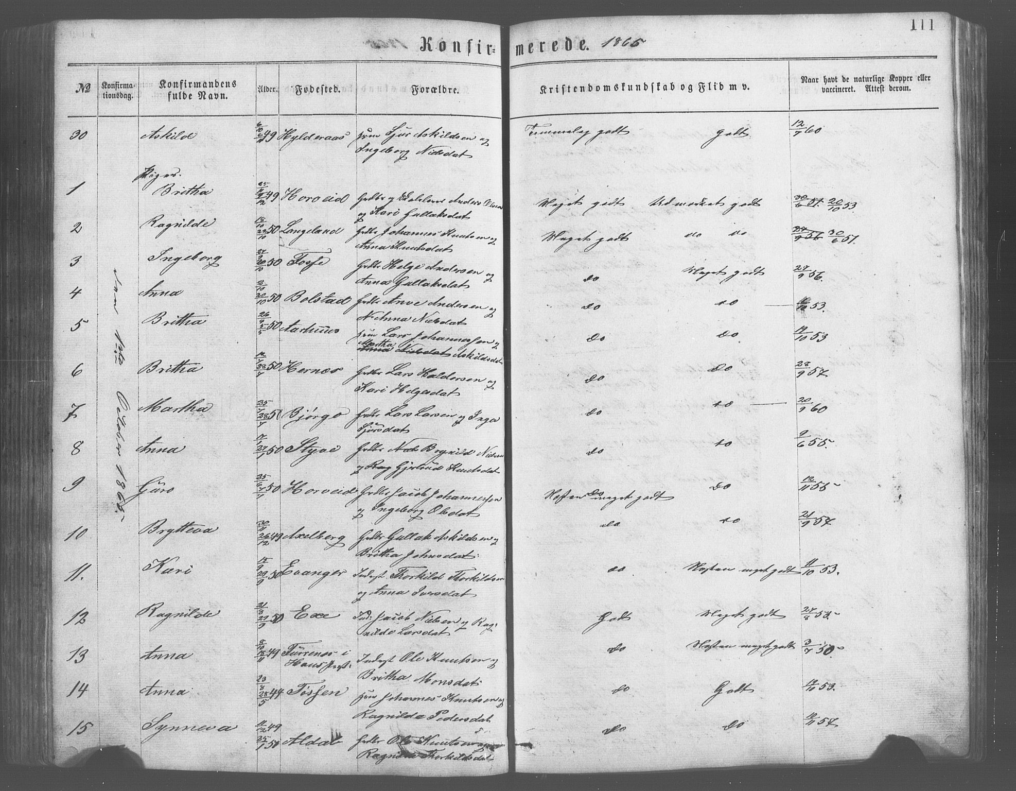 Evanger sokneprestembete, SAB/A-99924: Parish register (copy) no. A 2, 1863-1879, p. 111