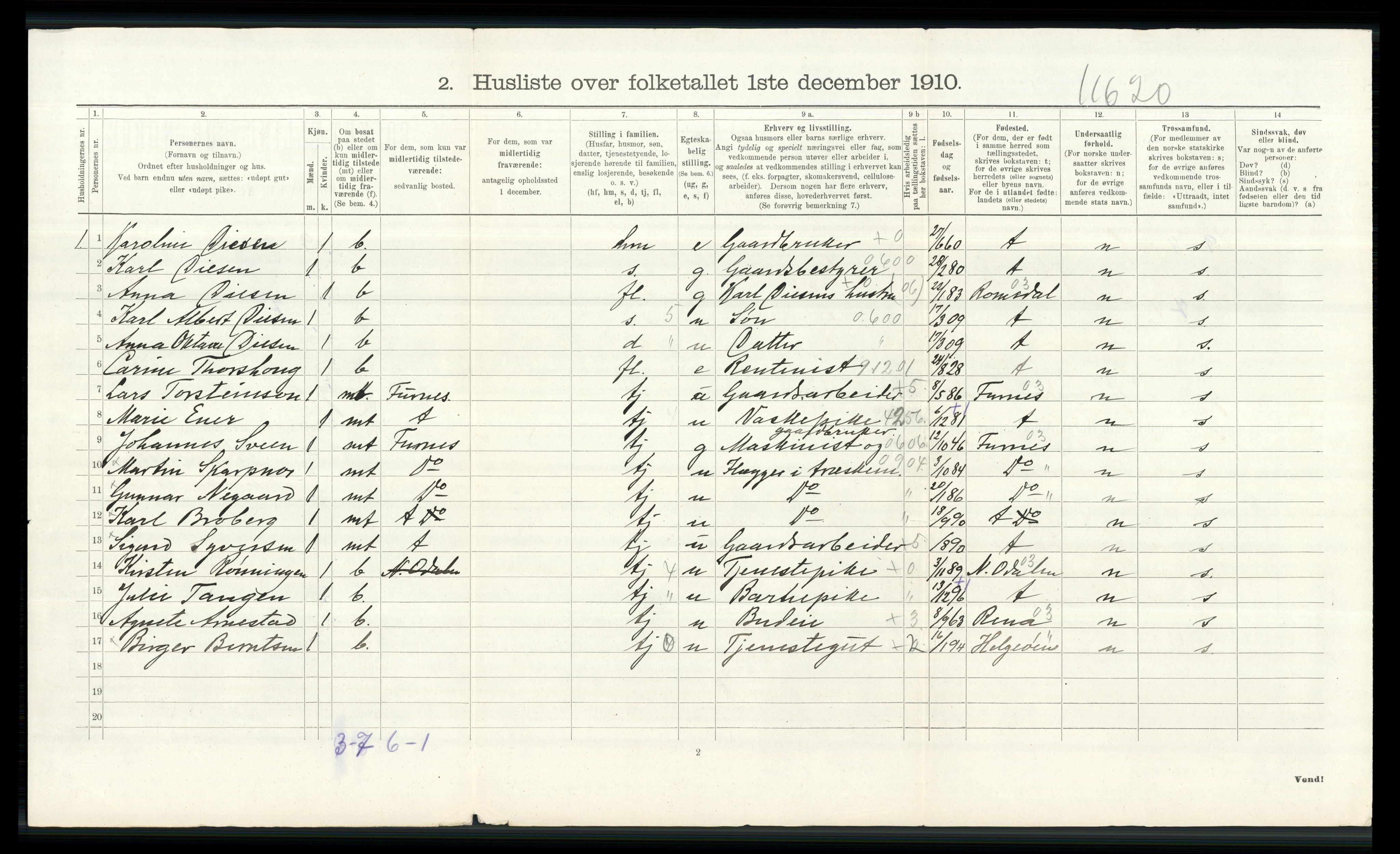 RA, 1910 census for Vang, 1910, p. 698