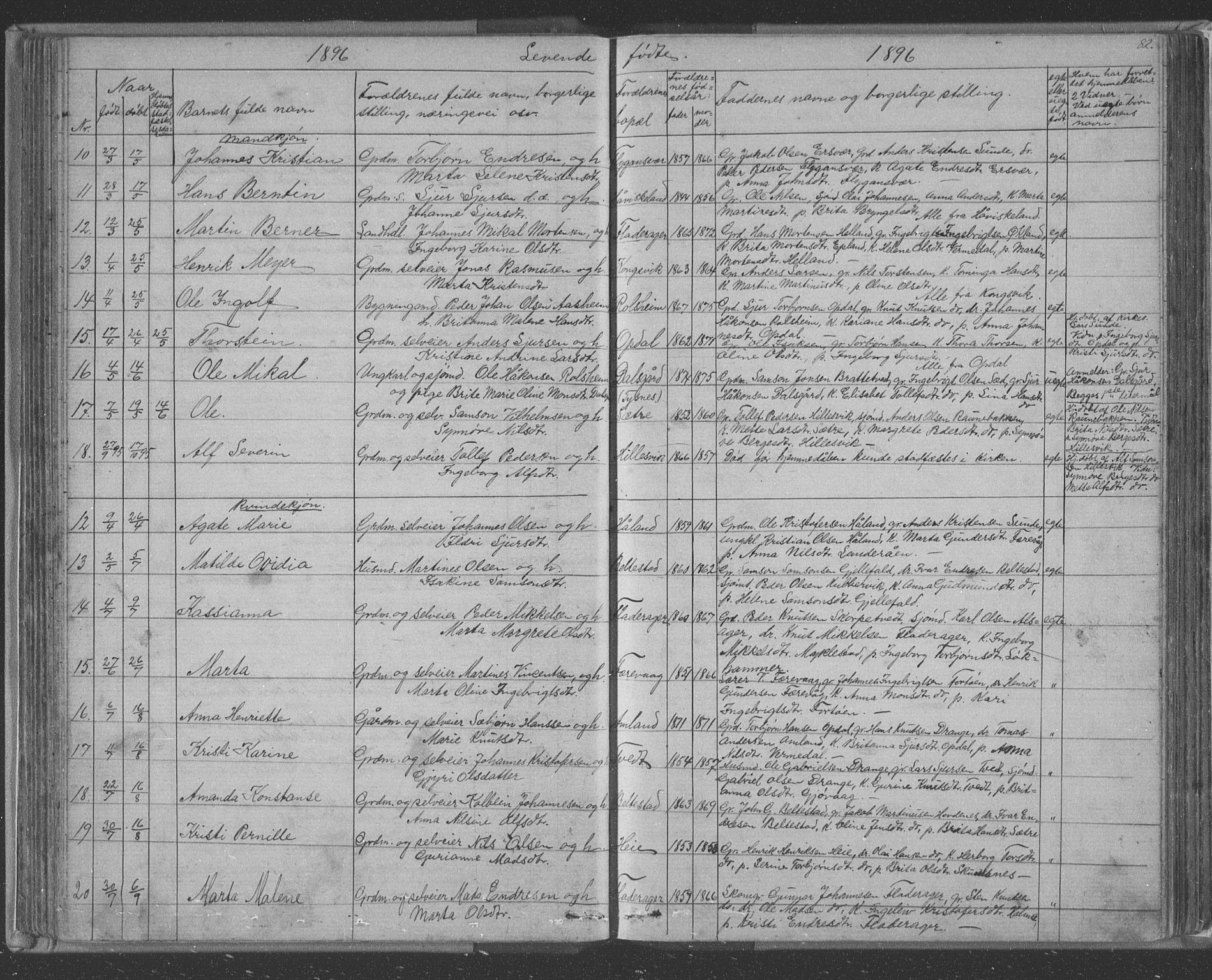 Tysnes sokneprestembete, AV/SAB-A-78601/H/Hab: Parish register (copy) no. E 2, 1875-1897, p. 82