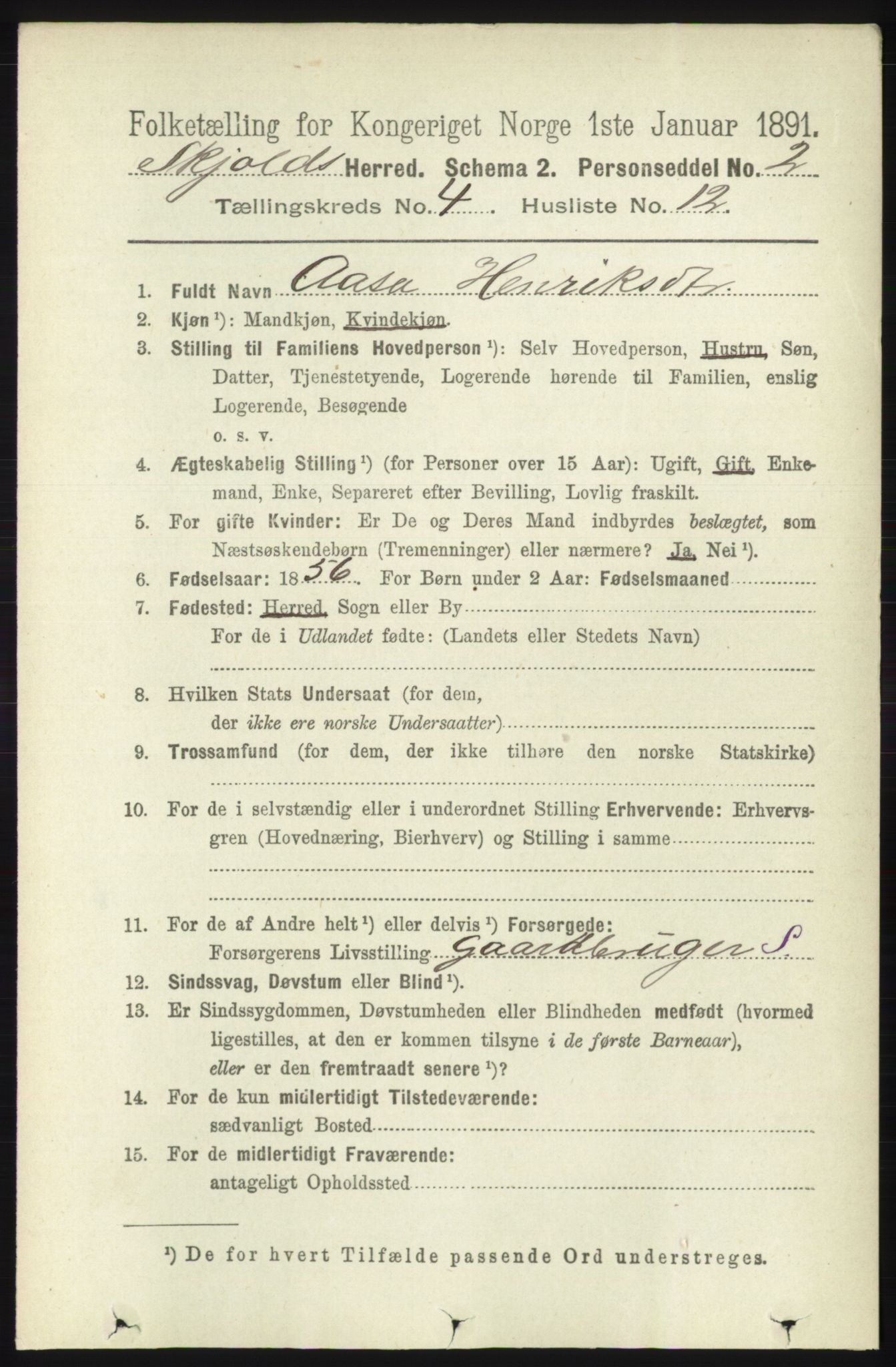 RA, 1891 census for 1154 Skjold, 1891, p. 603