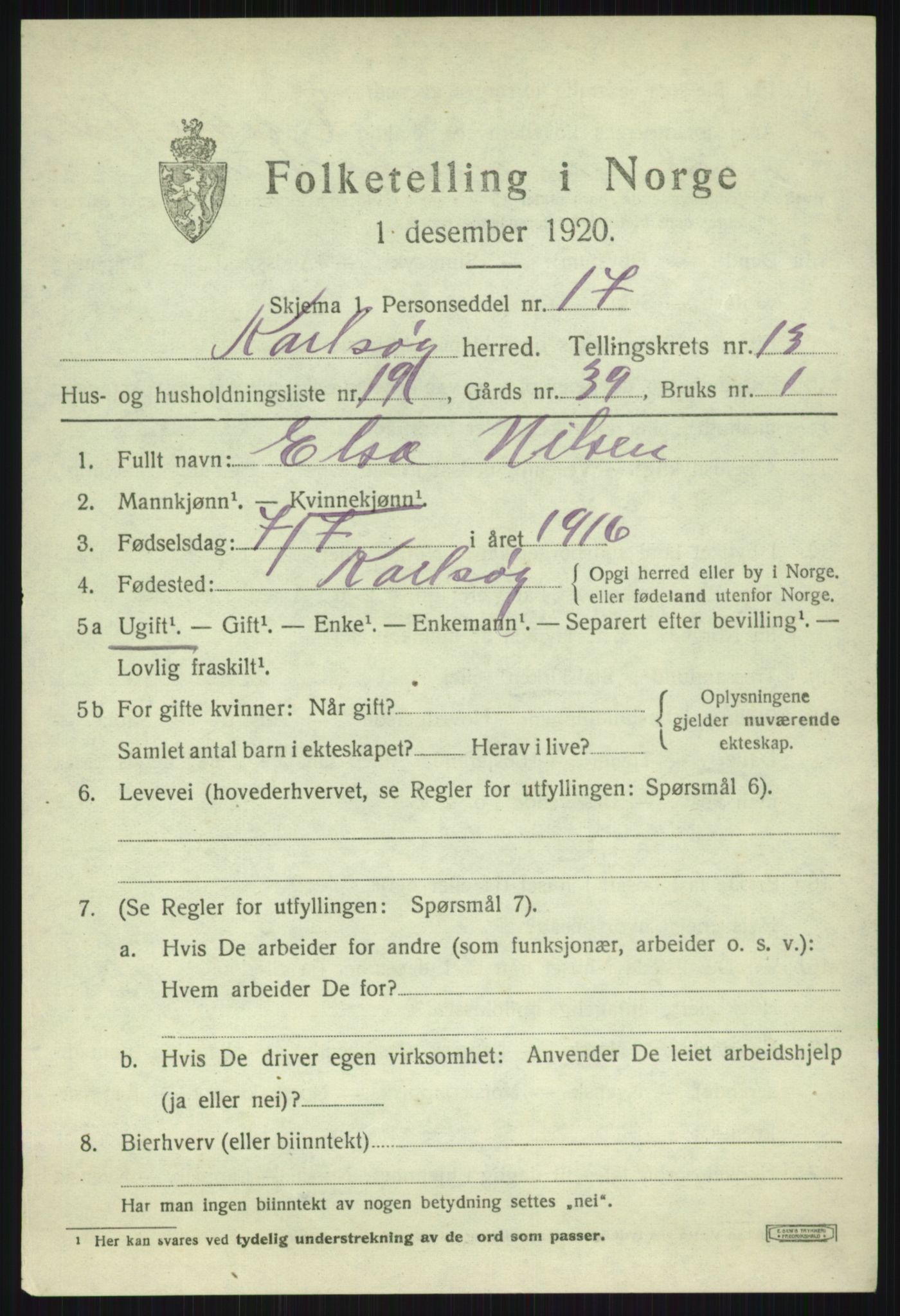 SATØ, 1920 census for Karlsøy, 1920, p. 4850