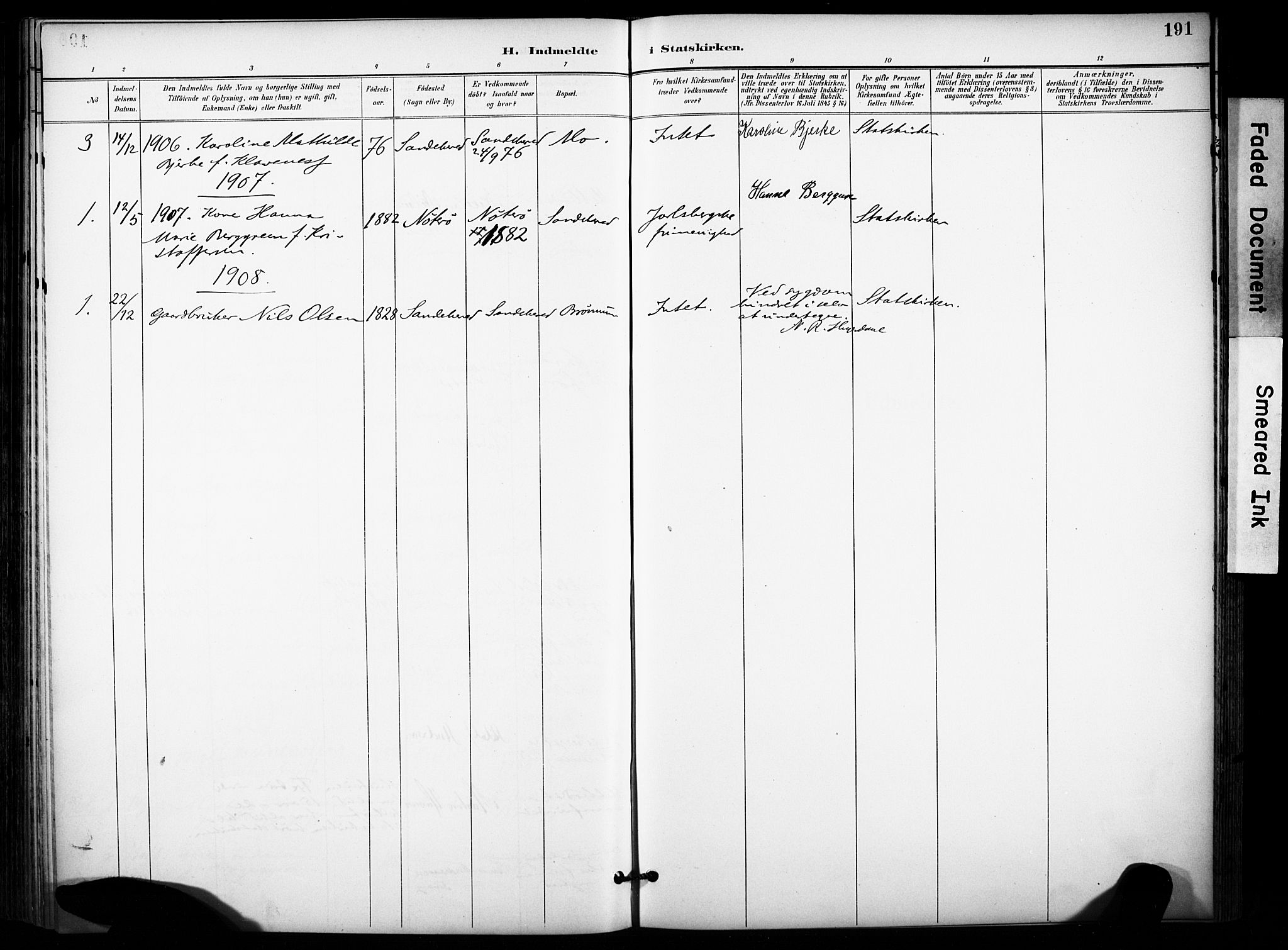 Sandar kirkebøker, SAKO/A-243/F/Fa/L0015: Parish register (official) no. 15, 1896-1907, p. 191