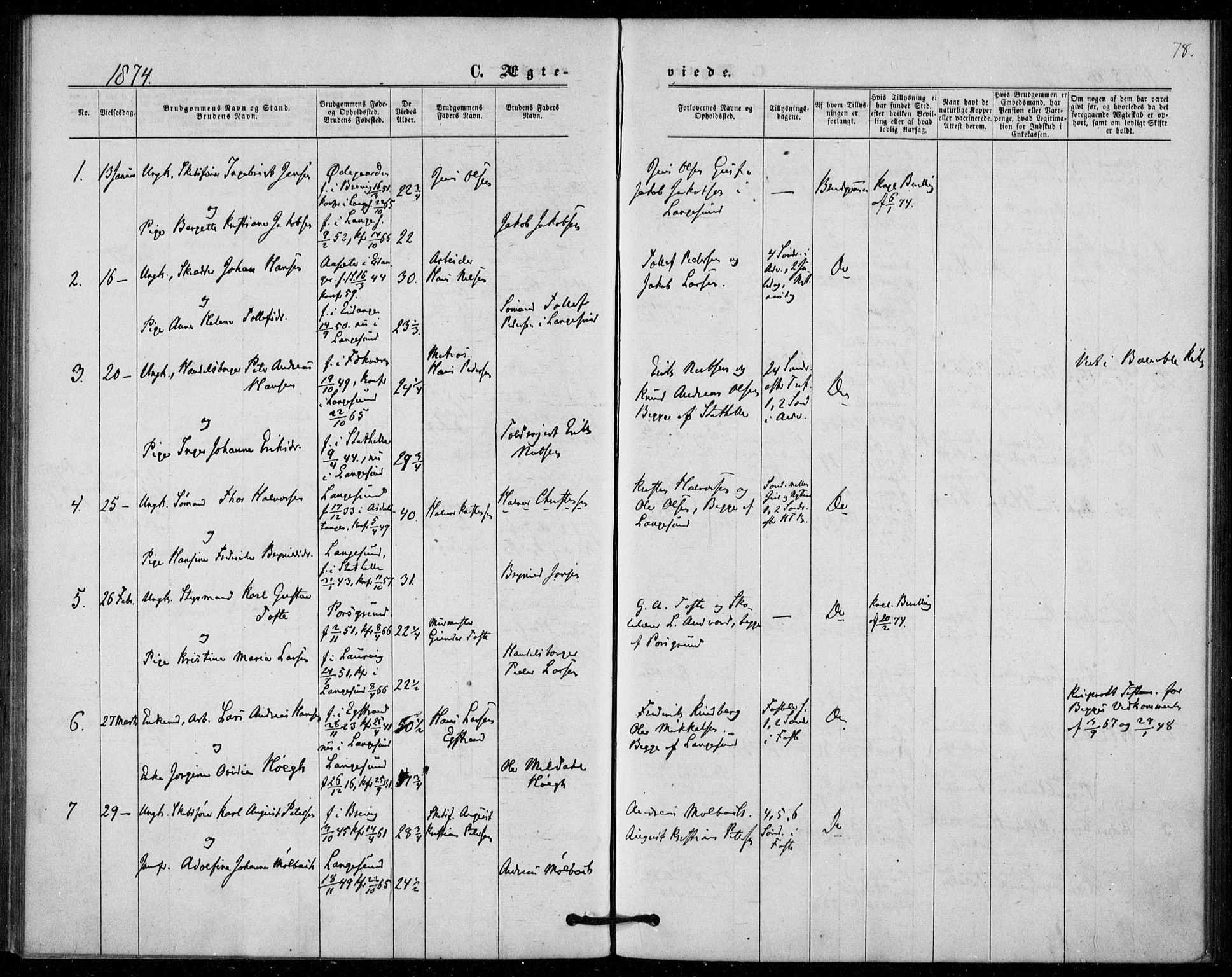 Langesund kirkebøker, AV/SAKO-A-280/F/Fa/L0001: Parish register (official) no. 1, 1870-1877, p. 78