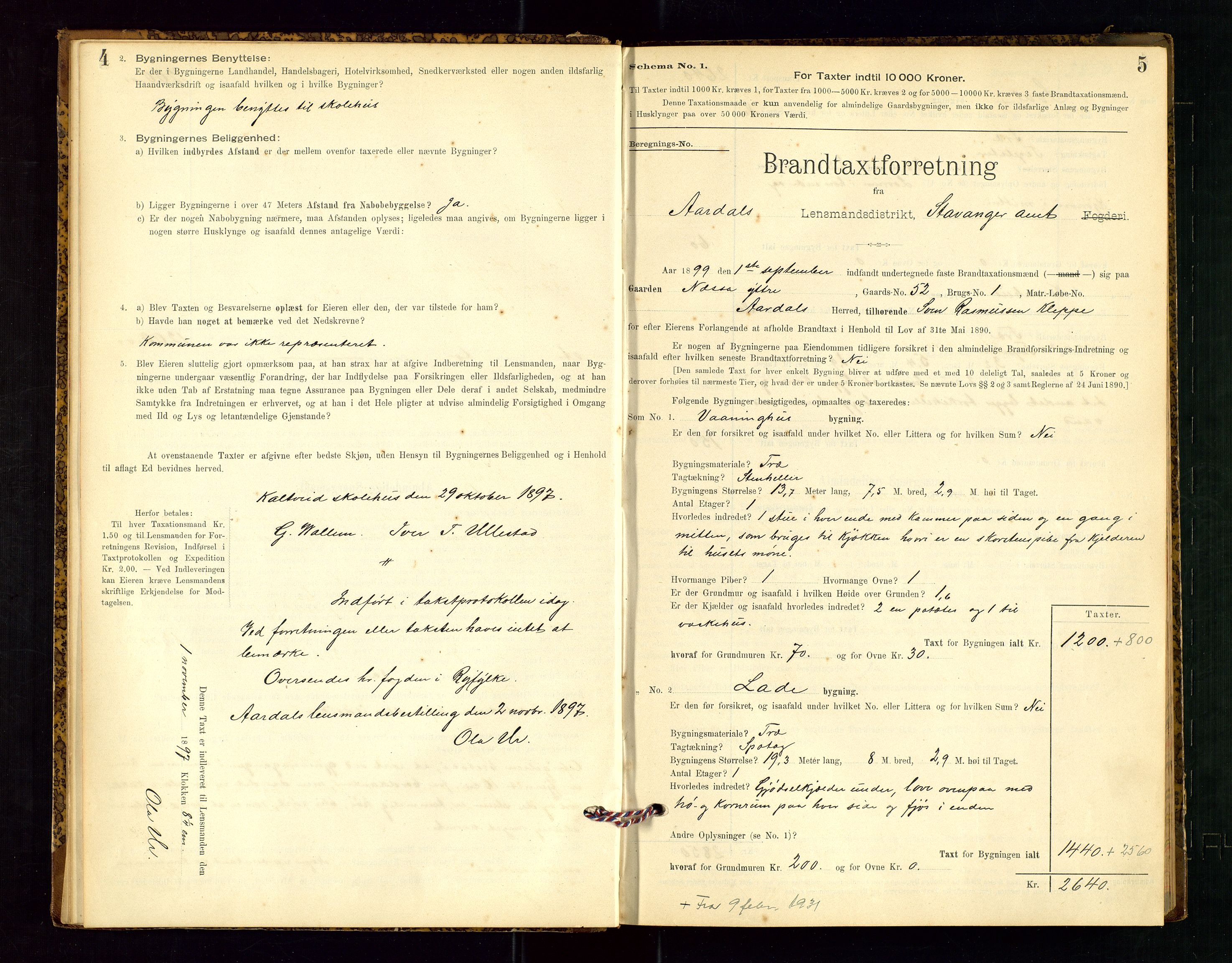 Årdal lensmannskontor, SAST/A-100453/Gob/L0001: "Brandtaxationsprotokol", 1897-1950, p. 4-5