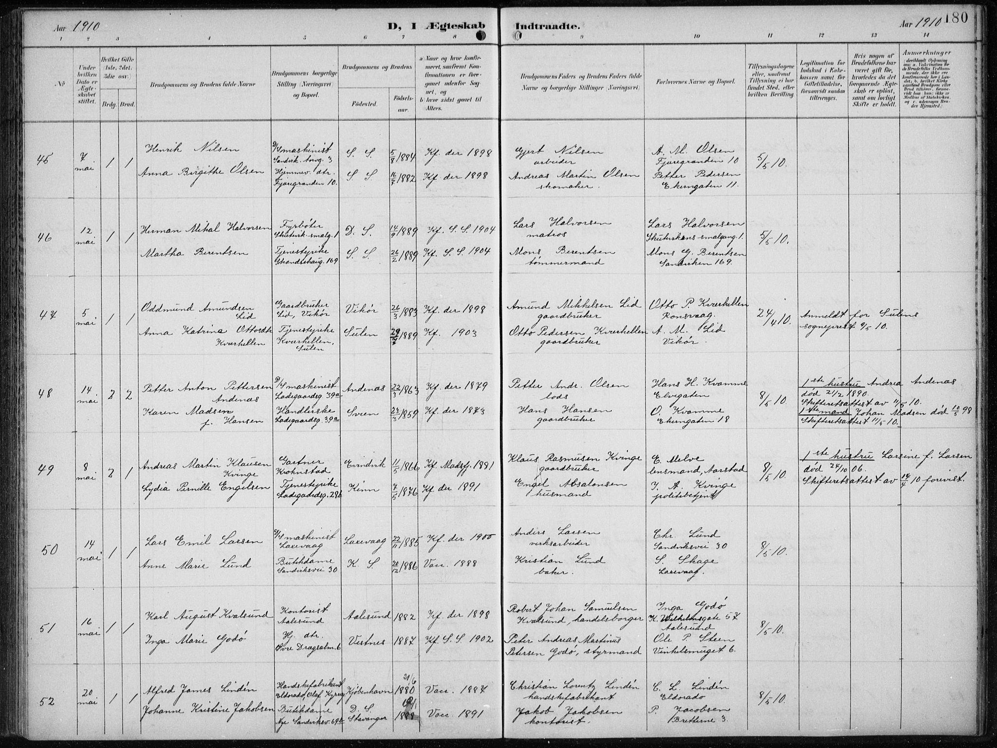 Sandviken Sokneprestembete, AV/SAB-A-77601/H/Ha/L0014: Parish register (official) no. D 1, 1896-1911, p. 180