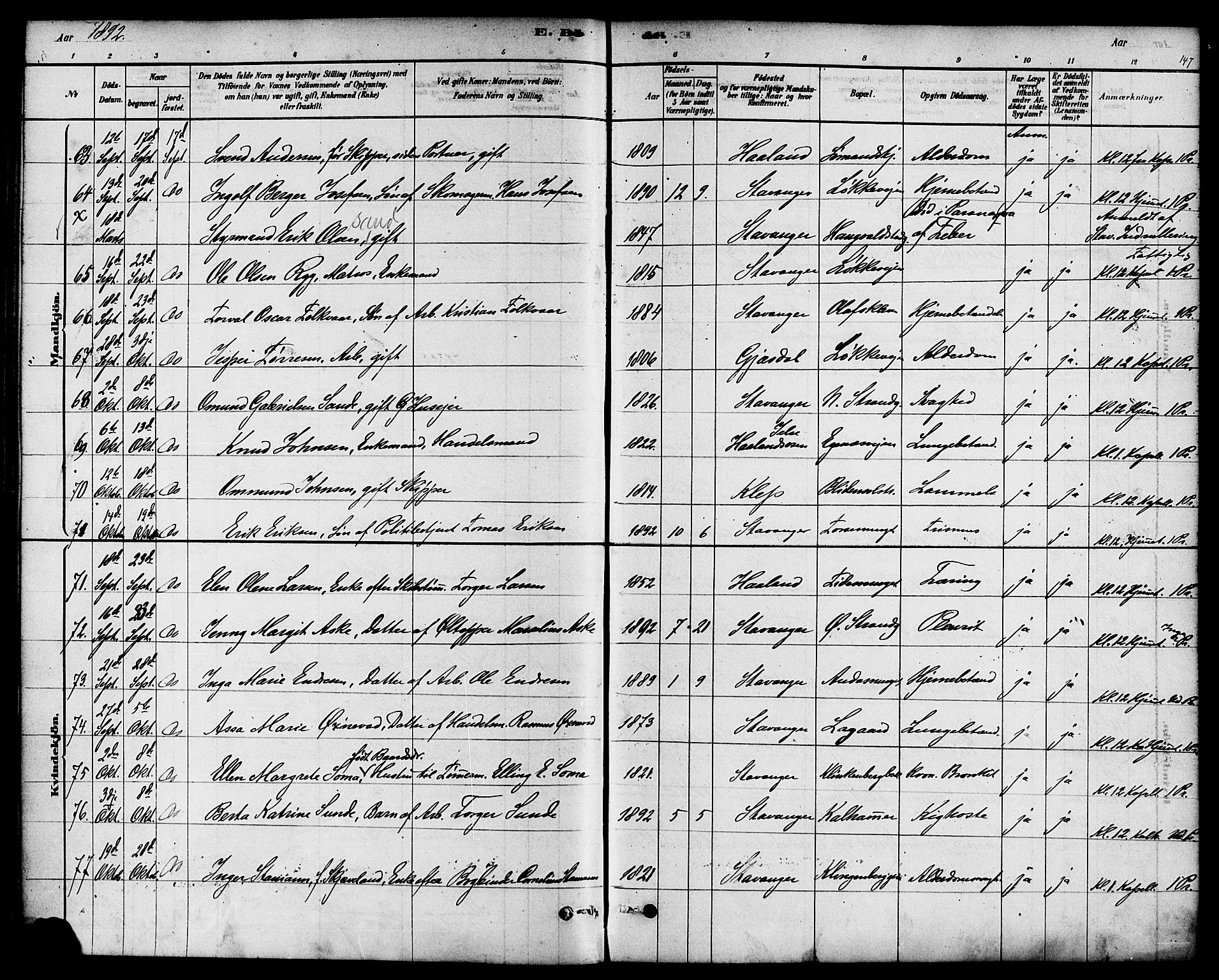Domkirken sokneprestkontor, SAST/A-101812/001/30/30BA/L0027: Parish register (official) no. A 26, 1878-1896, p. 147