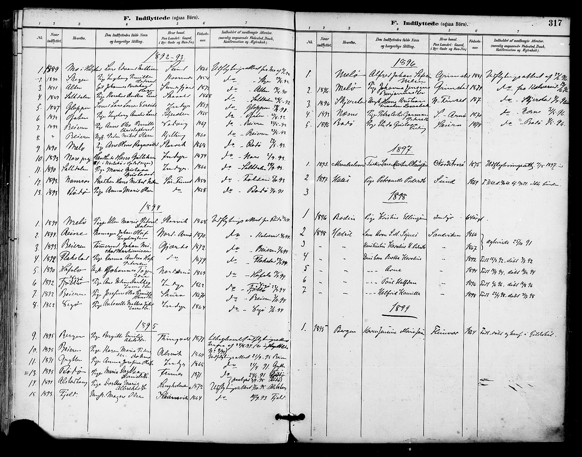 Ministerialprotokoller, klokkerbøker og fødselsregistre - Nordland, AV/SAT-A-1459/805/L0101: Parish register (official) no. 805A07, 1892-1899, p. 317