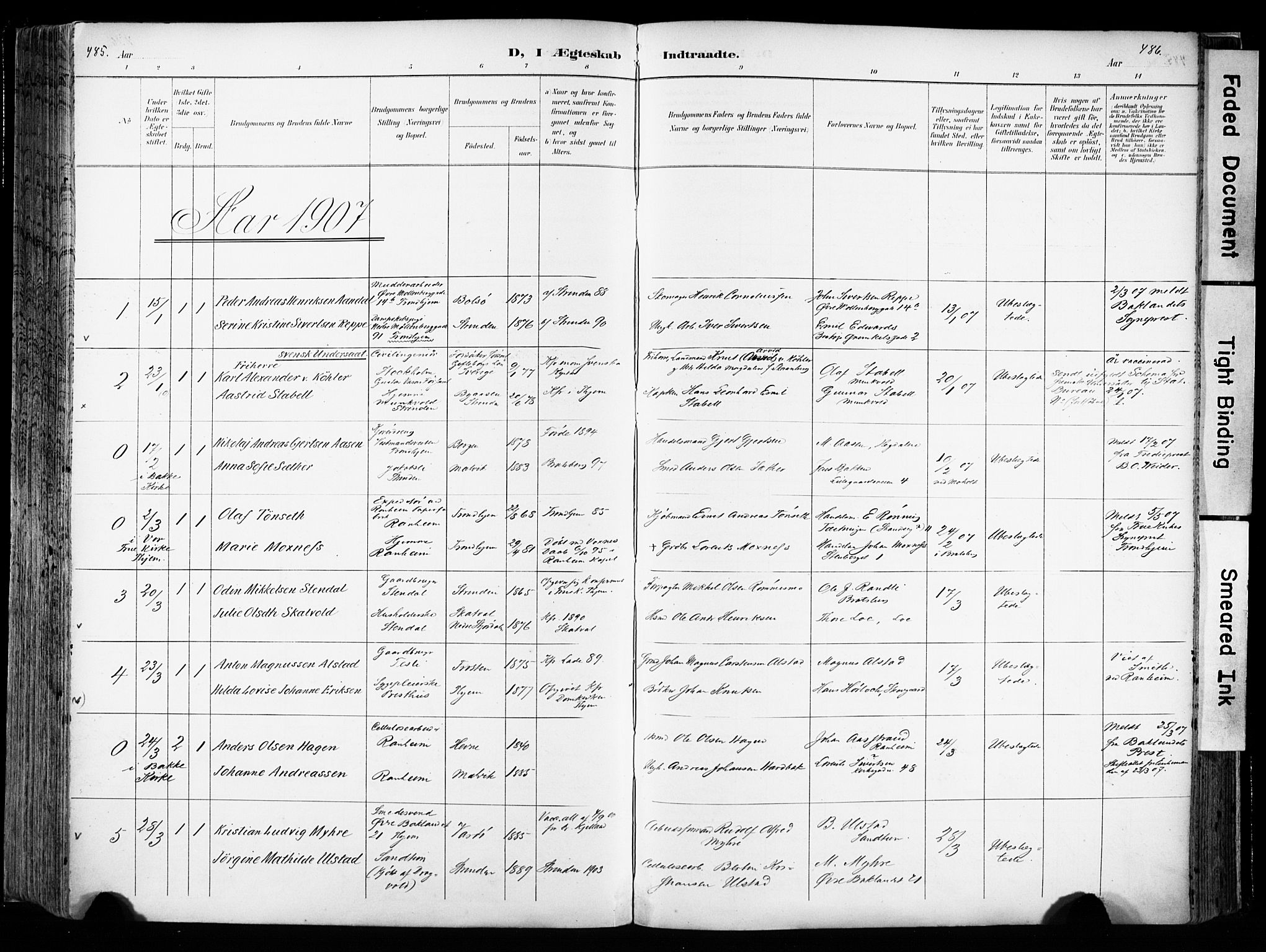 Ministerialprotokoller, klokkerbøker og fødselsregistre - Sør-Trøndelag, SAT/A-1456/606/L0301: Parish register (official) no. 606A16, 1894-1907, p. 485-486