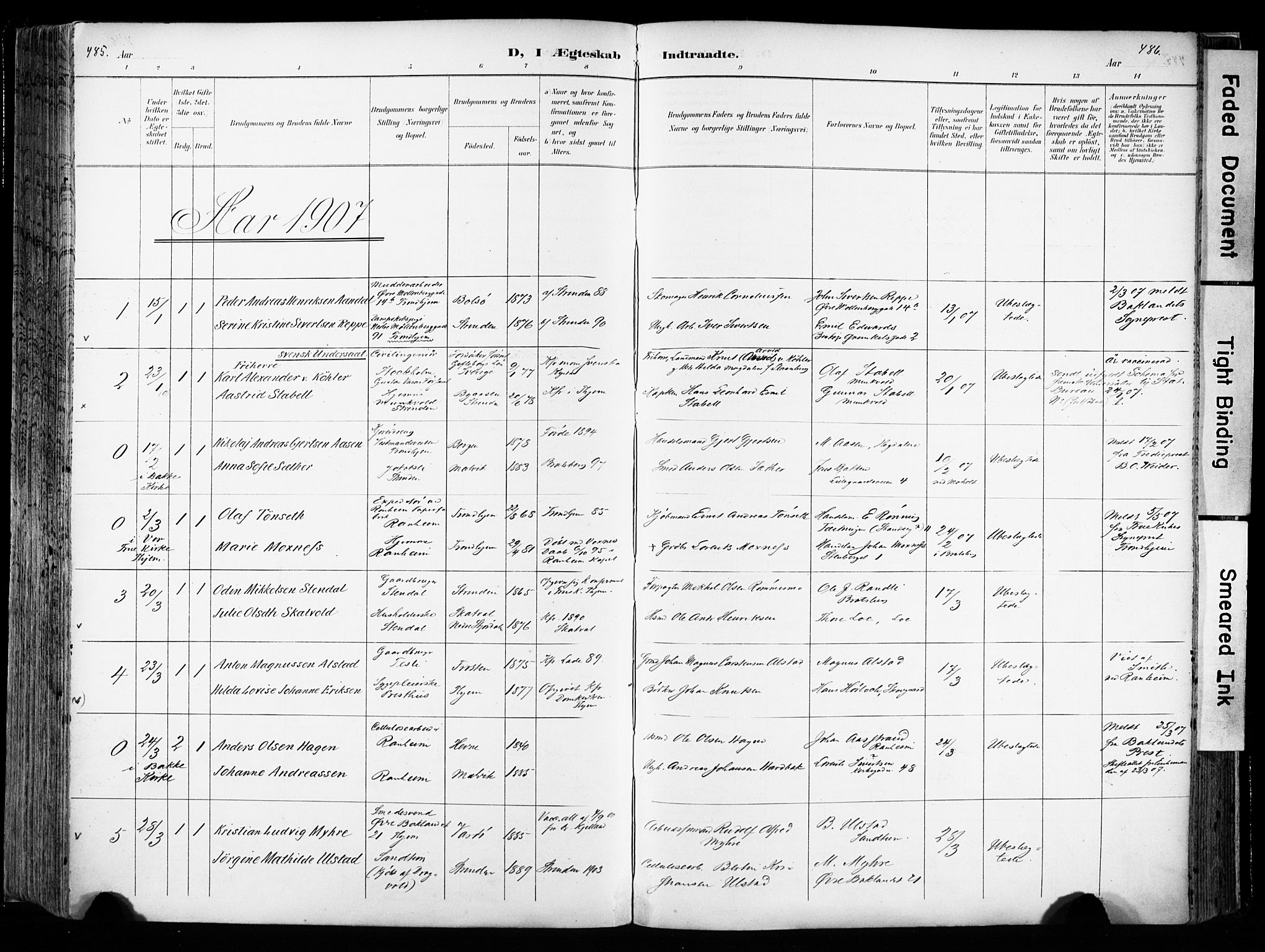 Ministerialprotokoller, klokkerbøker og fødselsregistre - Sør-Trøndelag, AV/SAT-A-1456/606/L0301: Parish register (official) no. 606A16, 1894-1907, p. 485-486