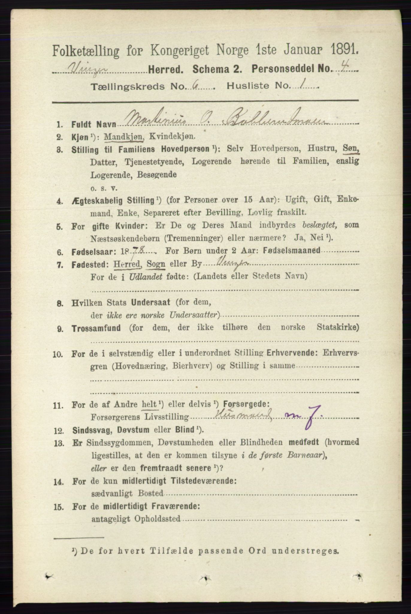 RA, 1891 census for 0421 Vinger, 1891, p. 2615