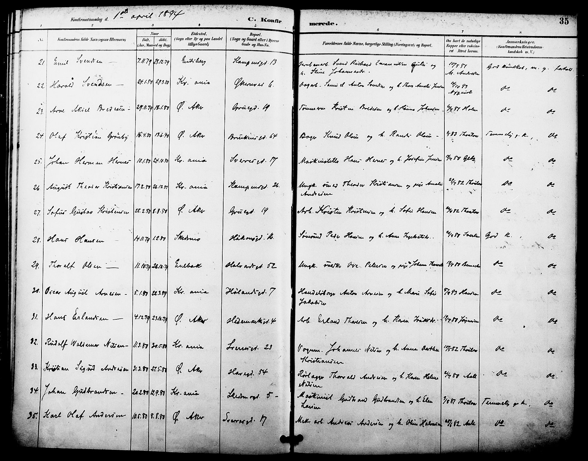 Kampen prestekontor Kirkebøker, AV/SAO-A-10853/F/Fa/L0008: Parish register (official) no. I 8, 1892-1902, p. 35