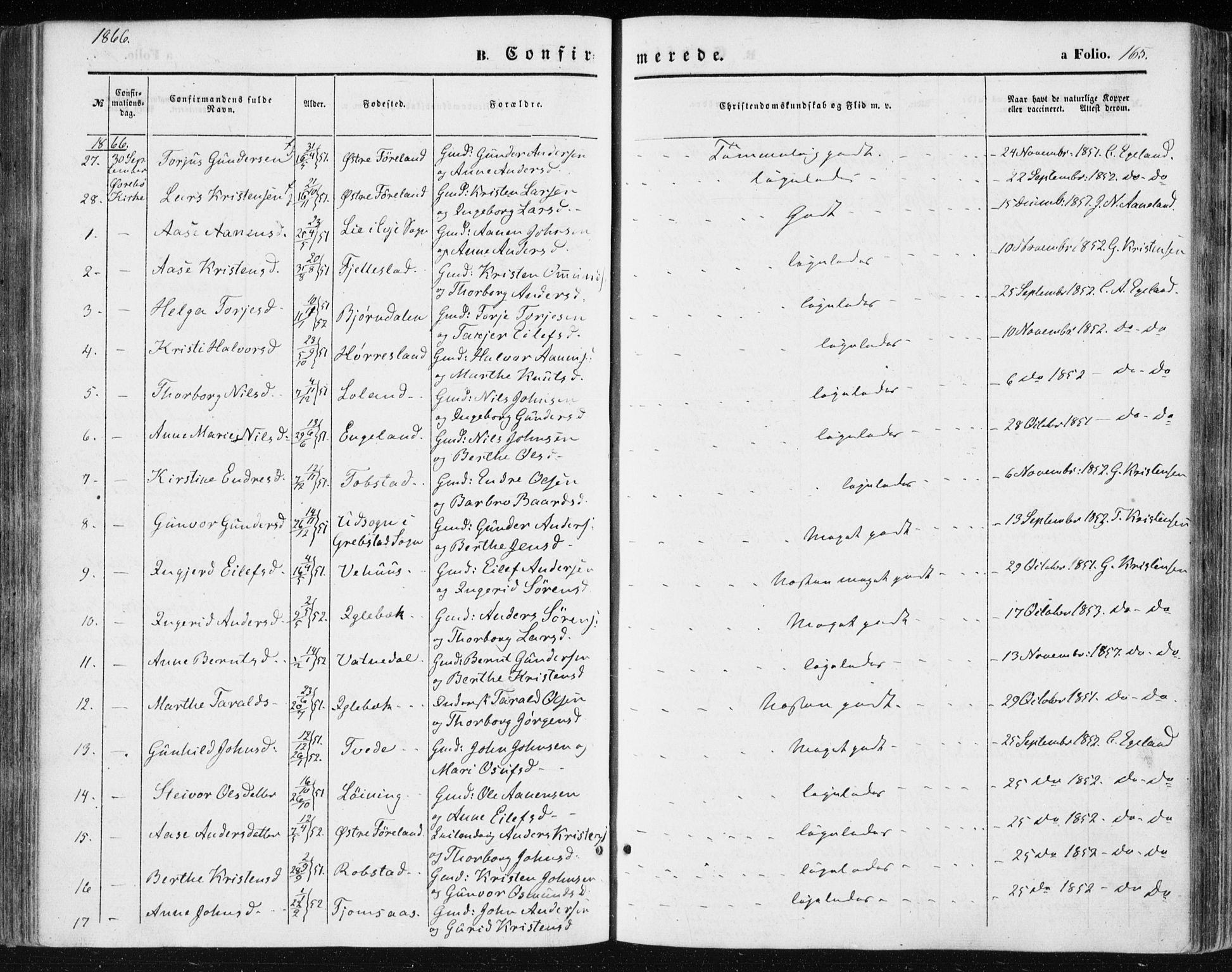 Vennesla sokneprestkontor, AV/SAK-1111-0045/Fa/Fac/L0007: Parish register (official) no. A 7, 1855-1873, p. 165