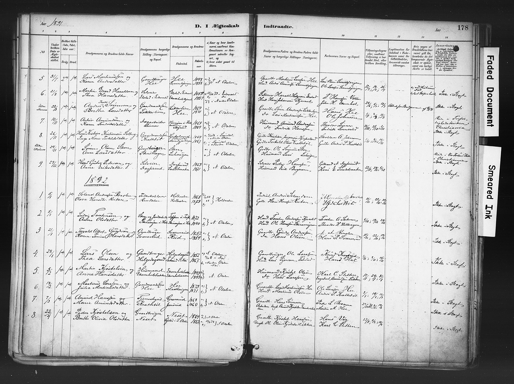 Nord-Odal prestekontor, SAH/PREST-032/H/Ha/Haa/L0006: Parish register (official) no. 6, 1886-1901, p. 178