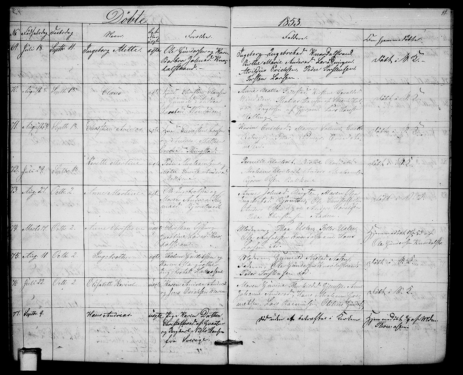 Solum kirkebøker, AV/SAKO-A-306/G/Ga/L0003: Parish register (copy) no. I 3, 1848-1859, p. 44