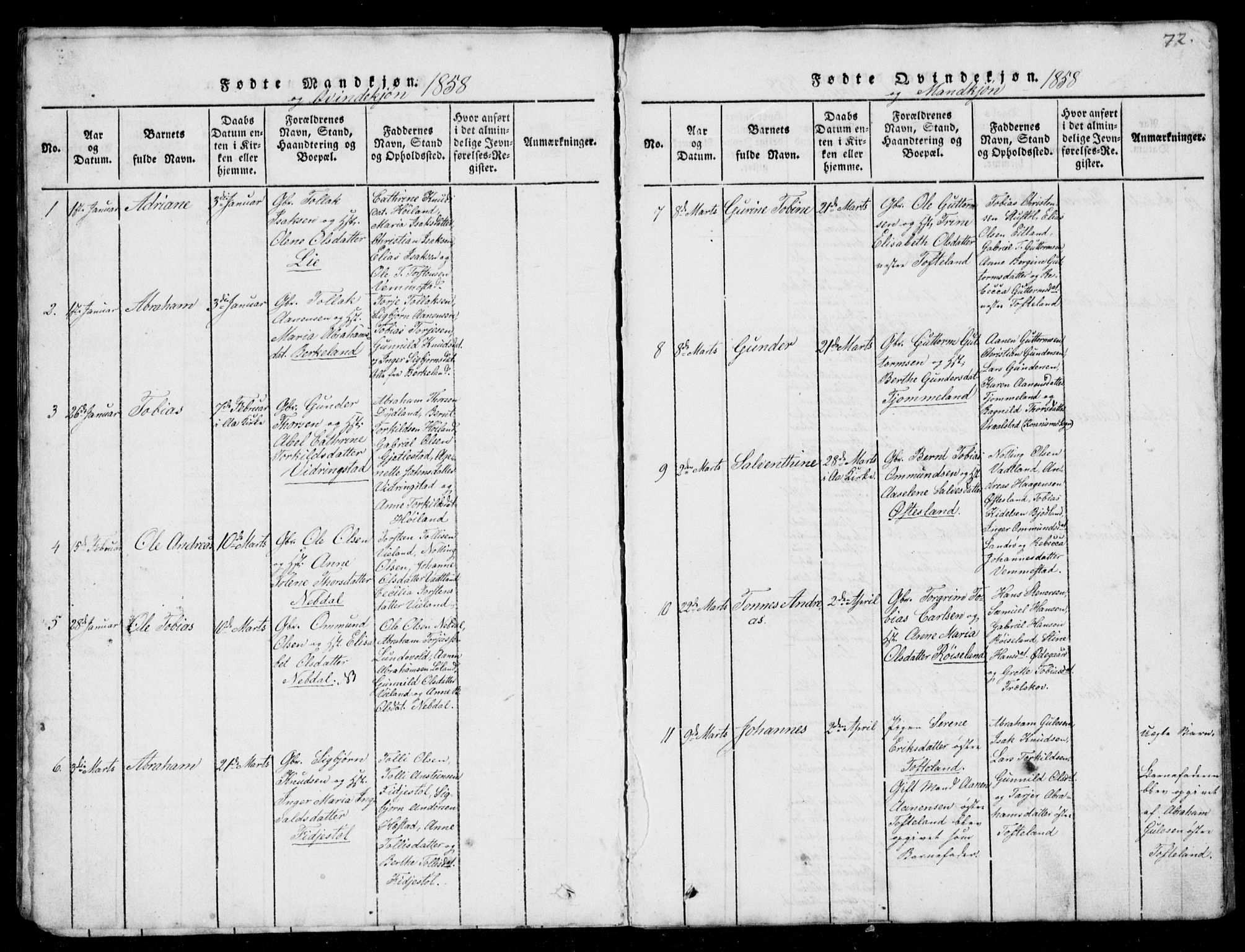 Lyngdal sokneprestkontor, AV/SAK-1111-0029/F/Fb/Fbb/L0001: Parish register (copy) no. B 1, 1816-1900, p. 72