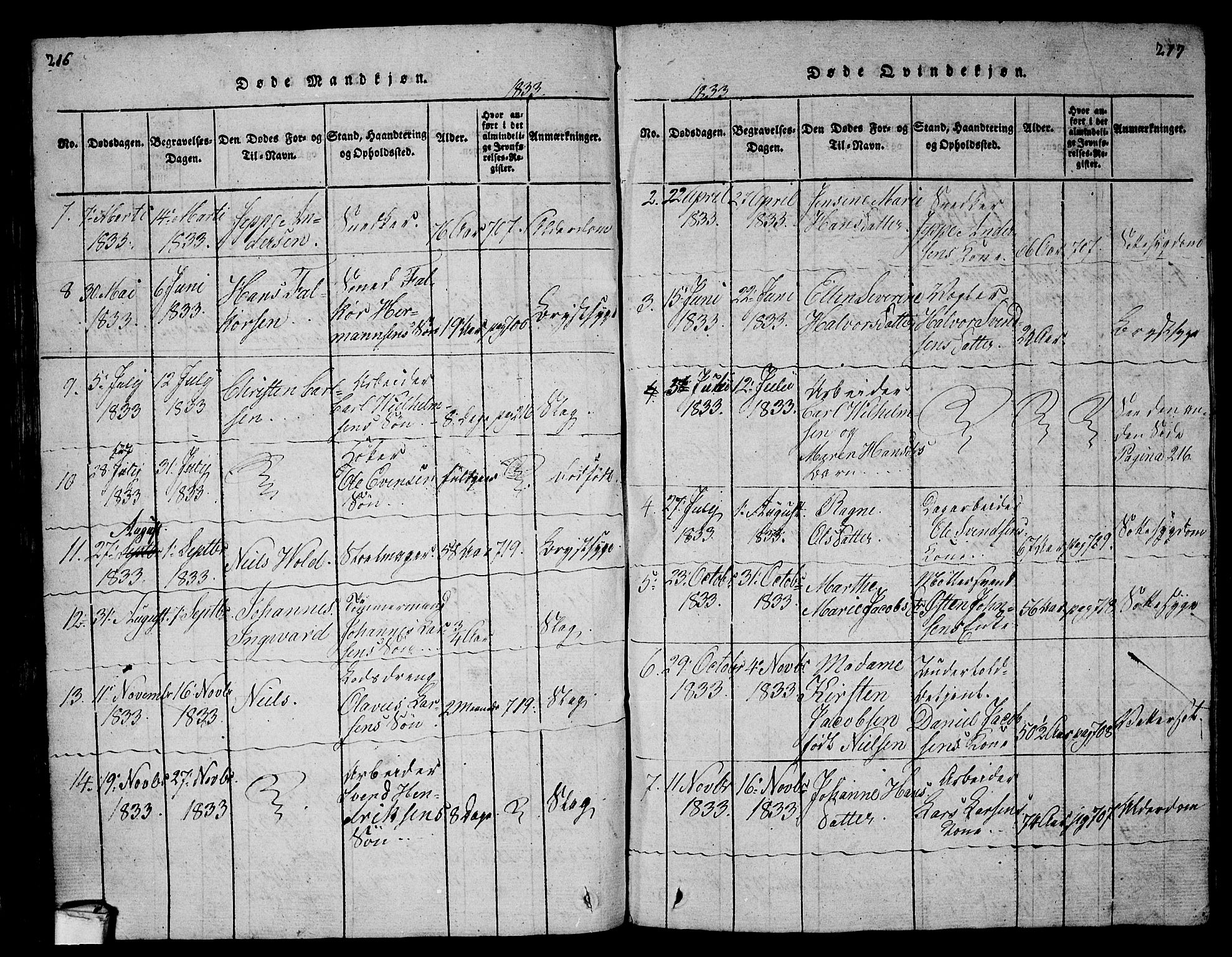 Larvik kirkebøker, AV/SAKO-A-352/G/Gb/L0001: Parish register (copy) no. II 1, 1818-1843, p. 216-217