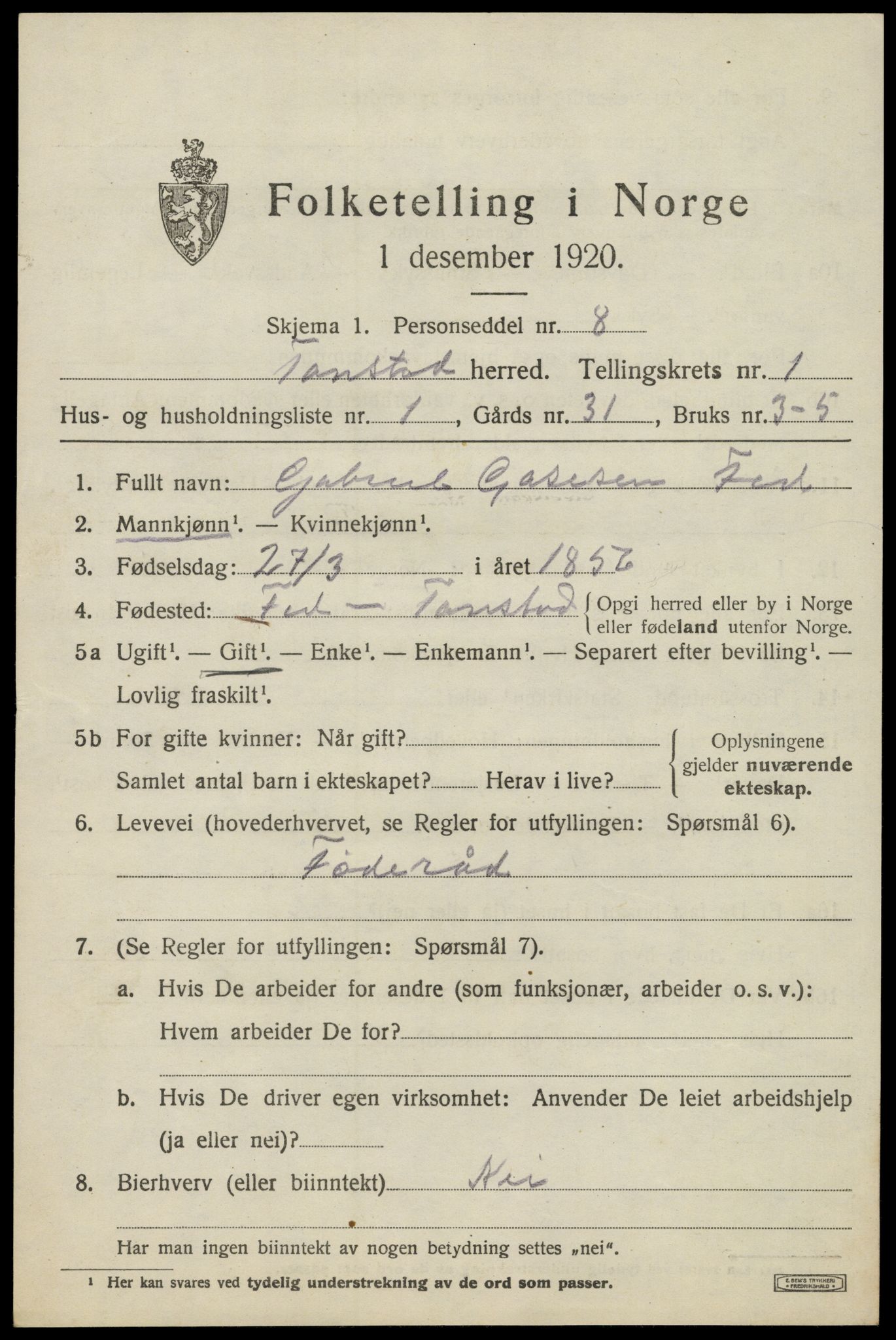 SAK, 1920 census for Tonstad, 1920, p. 342