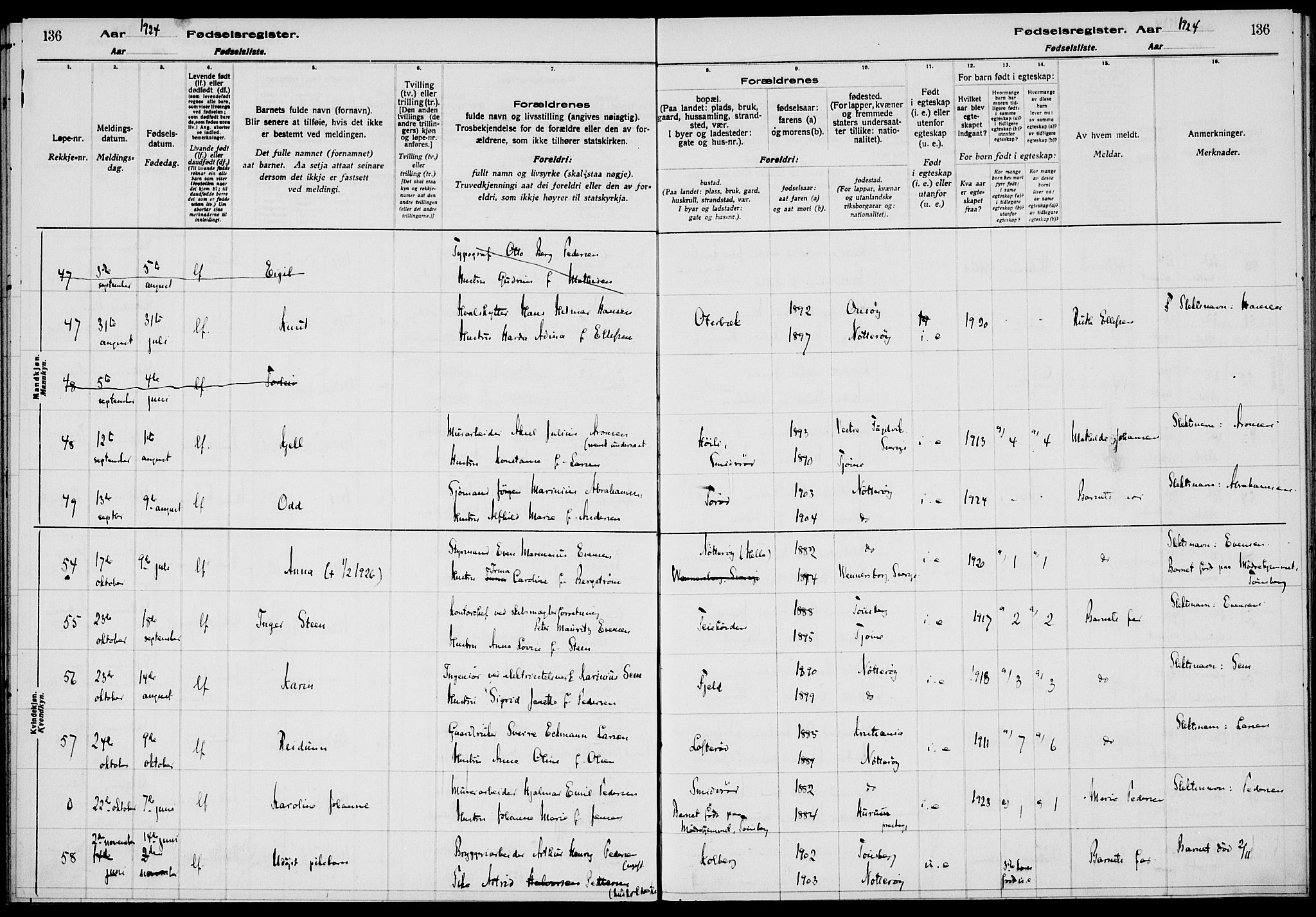 Nøtterøy kirkebøker, AV/SAKO-A-354/J/Ja/L0001: Birth register no. 1, 1916-1928, p. 136