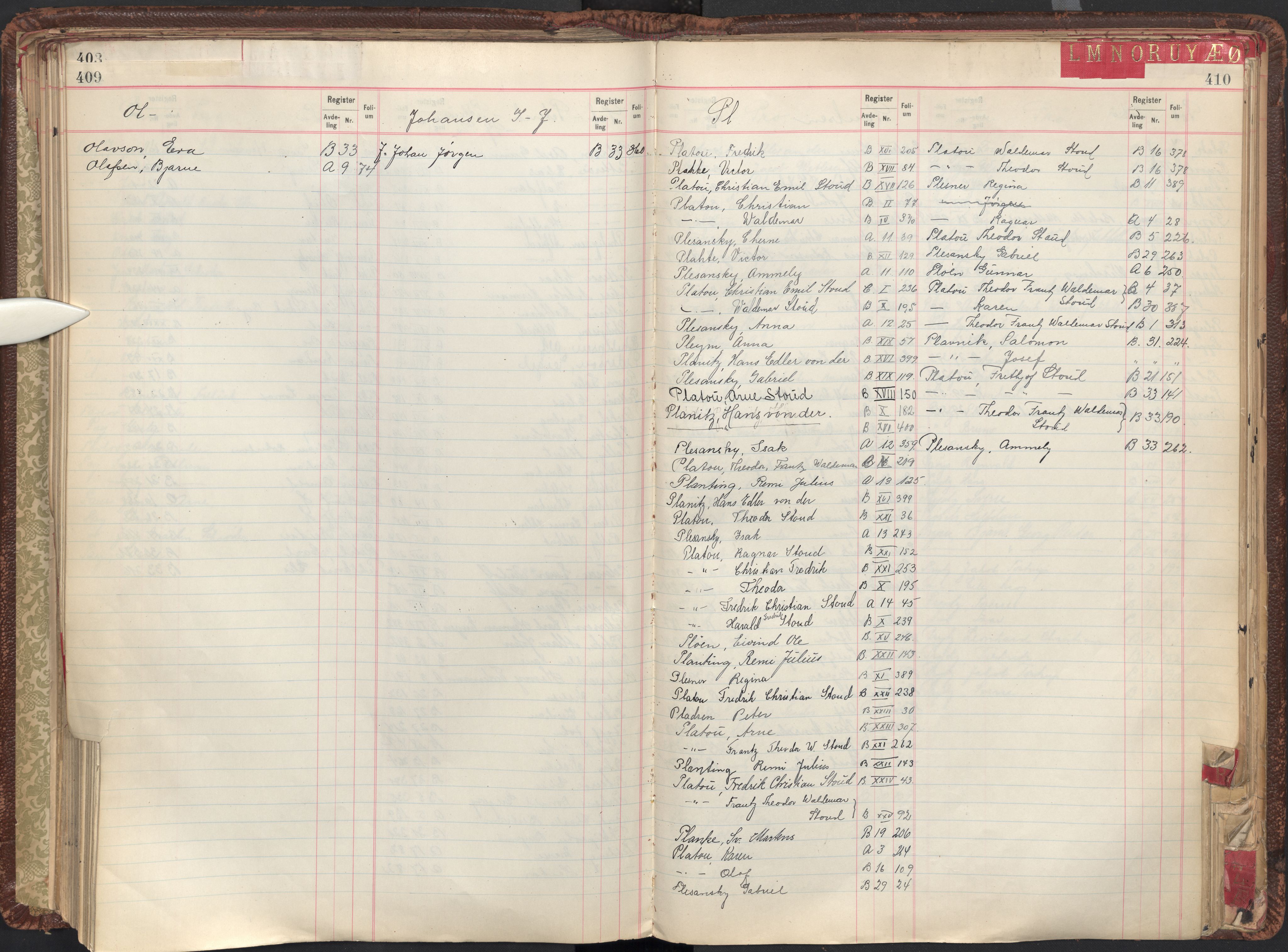 Oslo byfogd avd. II, AV/SAO-A-10942/G/Ga/Gab/L0003: Personregister: A 1-17, B 1-33, C 1-2, 1921, p. 409-410