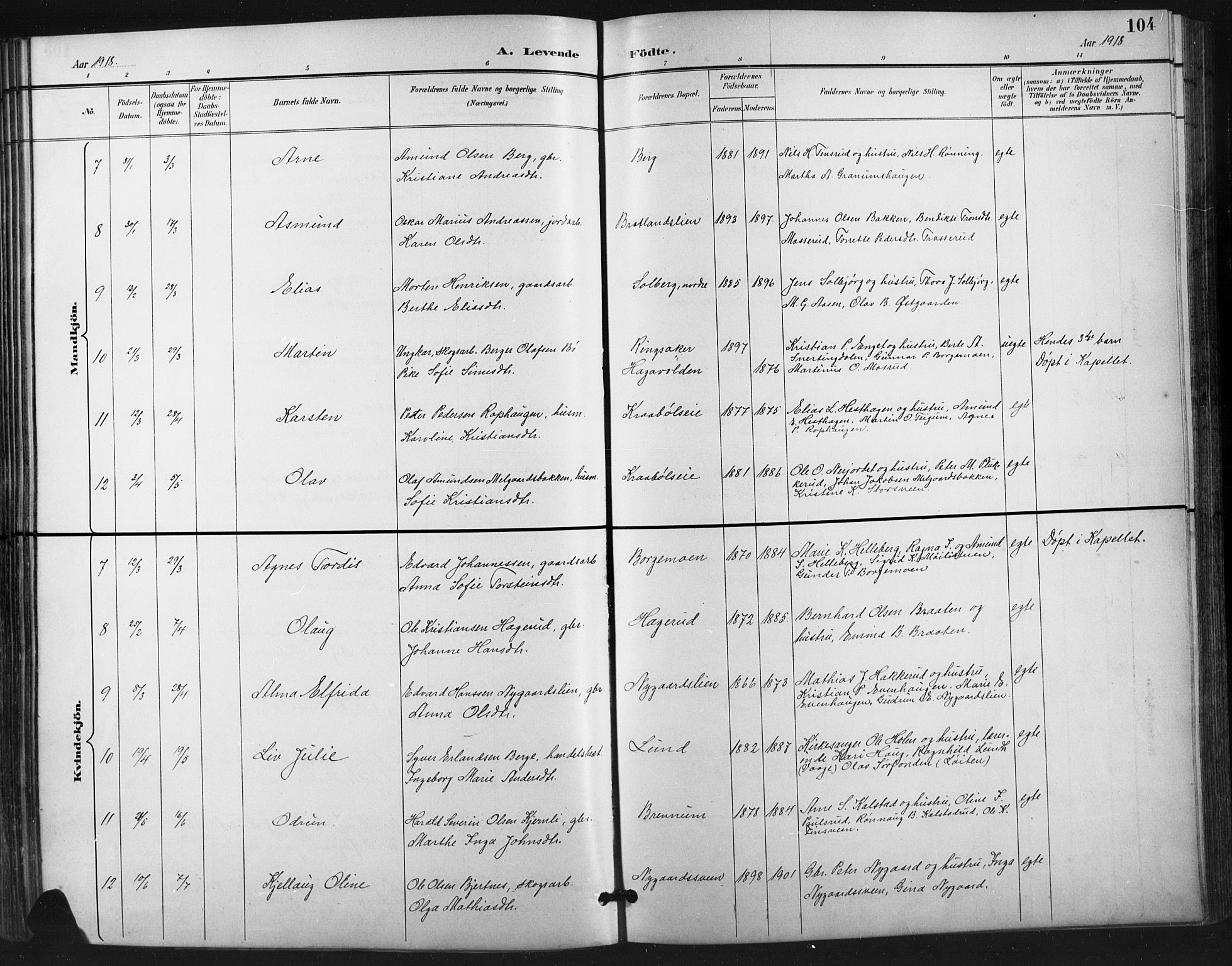 Vestre Gausdal prestekontor, AV/SAH-PREST-094/H/Ha/Hab/L0003: Parish register (copy) no. 3, 1896-1925, p. 104