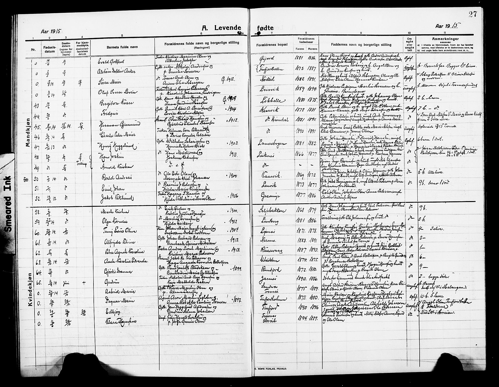 Lenvik sokneprestembete, AV/SATØ-S-1310/H/Ha/Hab/L0009klokker: Parish register (copy) no. 9, 1912-1926, p. 27