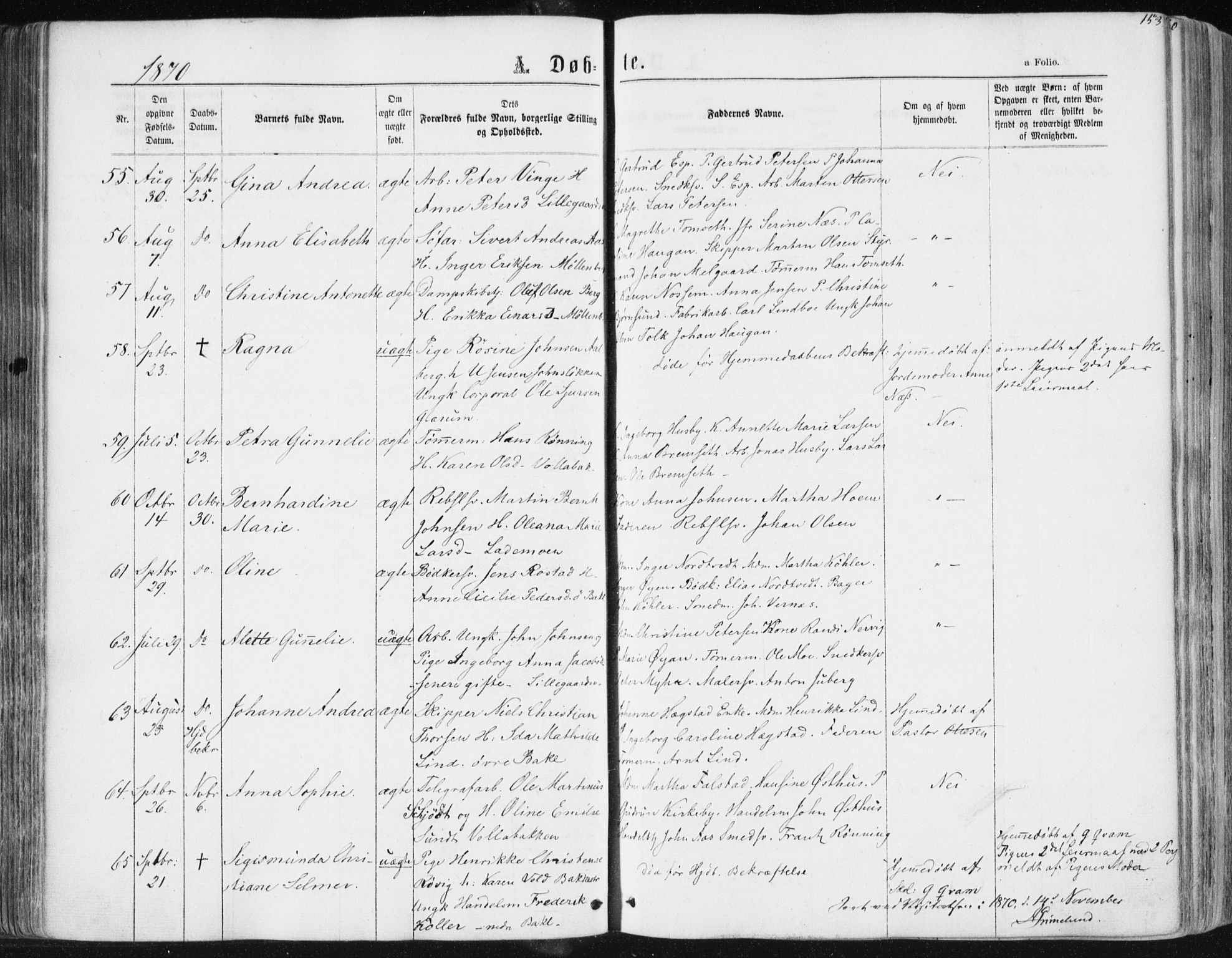 Ministerialprotokoller, klokkerbøker og fødselsregistre - Sør-Trøndelag, SAT/A-1456/604/L0186: Parish register (official) no. 604A07, 1866-1877, p. 153