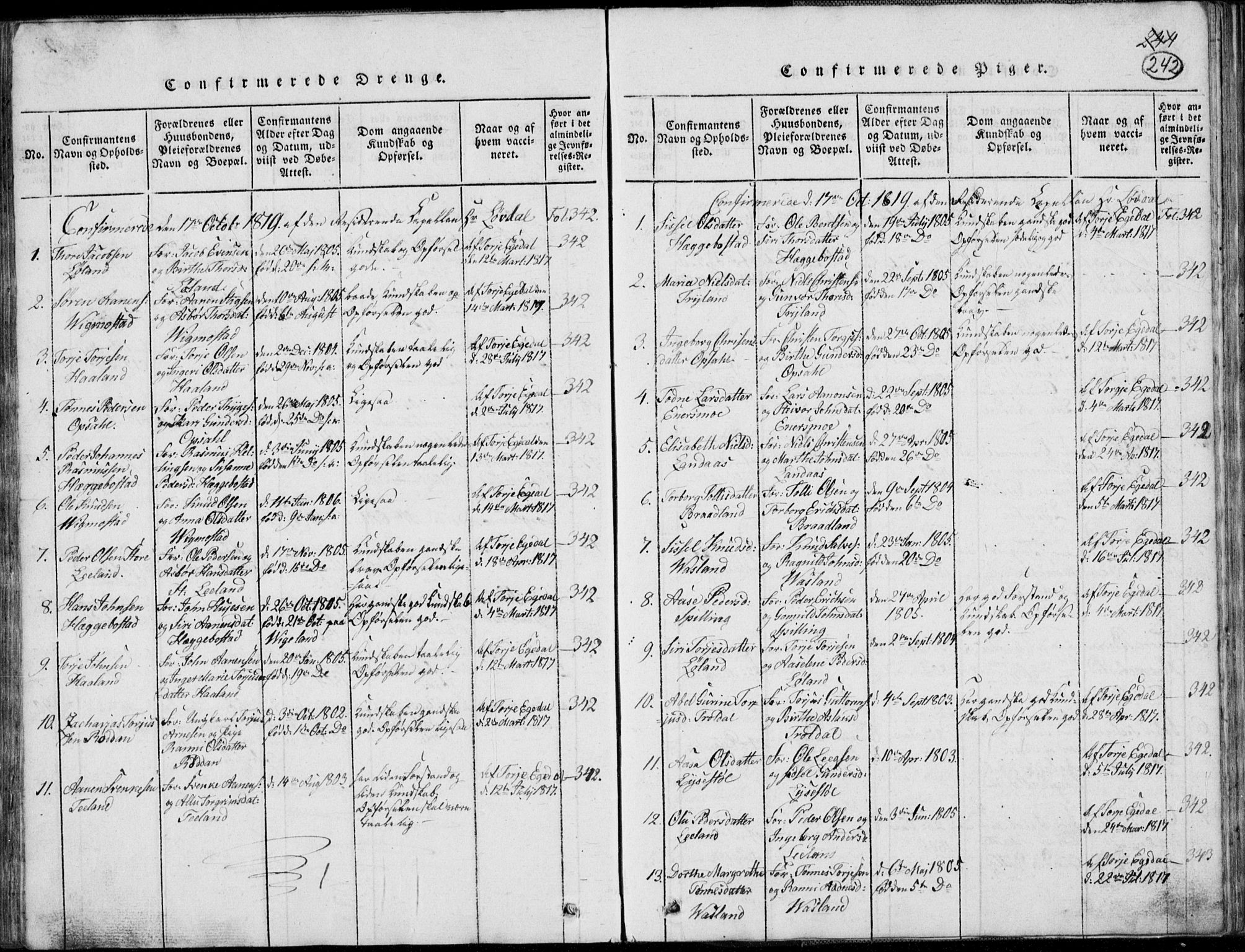 Nord-Audnedal sokneprestkontor, AV/SAK-1111-0032/F/Fb/Fbb/L0001: Parish register (copy) no. B 1, 1816-1858, p. 242