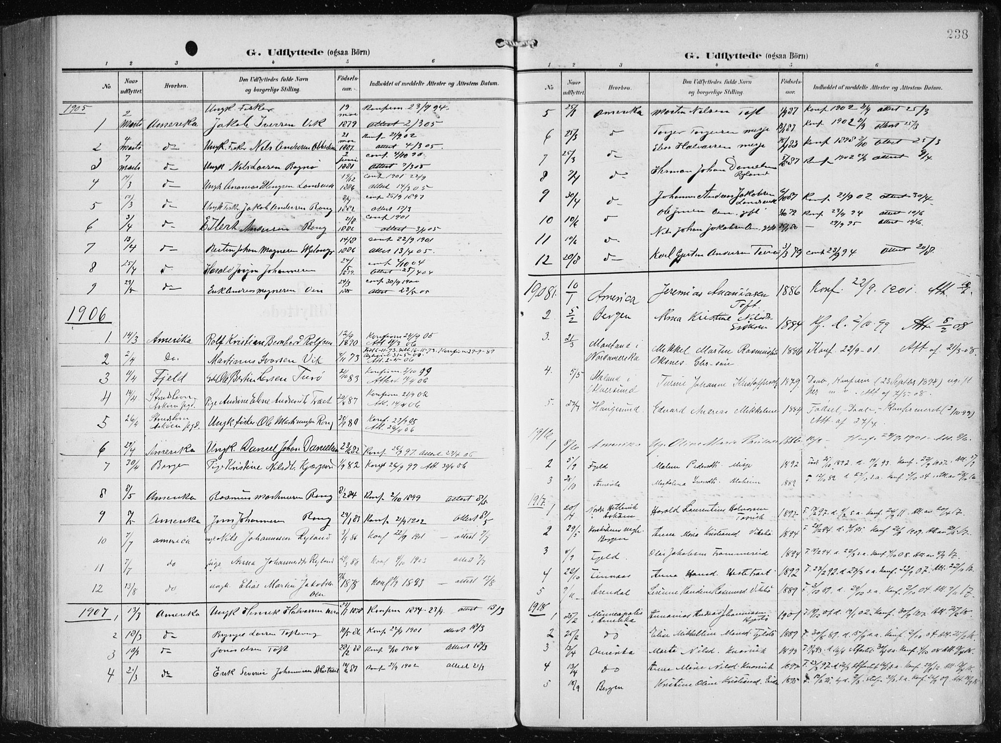 Herdla Sokneprestembete, SAB/A-75701/H/Haa: Parish register (official) no. A 5, 1905-1918, p. 238