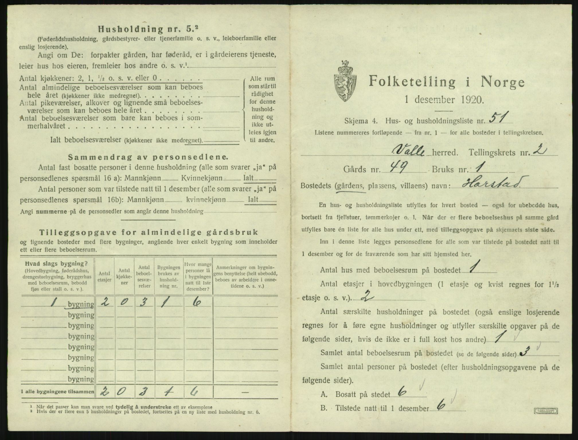 SAK, 1920 census for Valle, 1920, p. 217