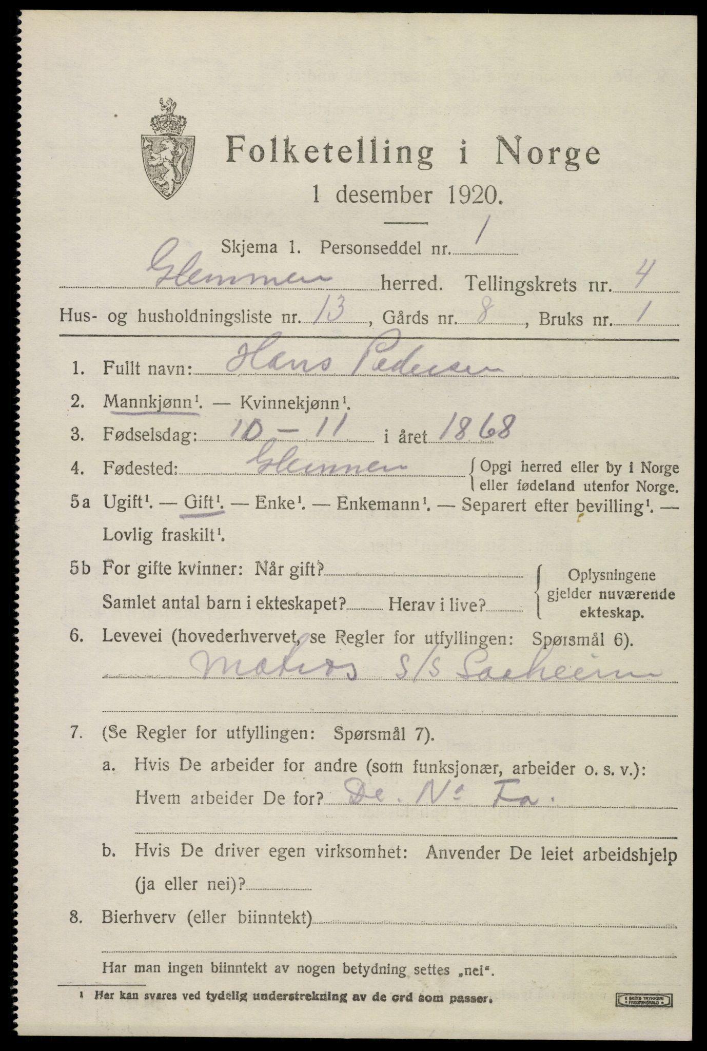 SAO, 1920 census for Glemmen, 1920, p. 15295