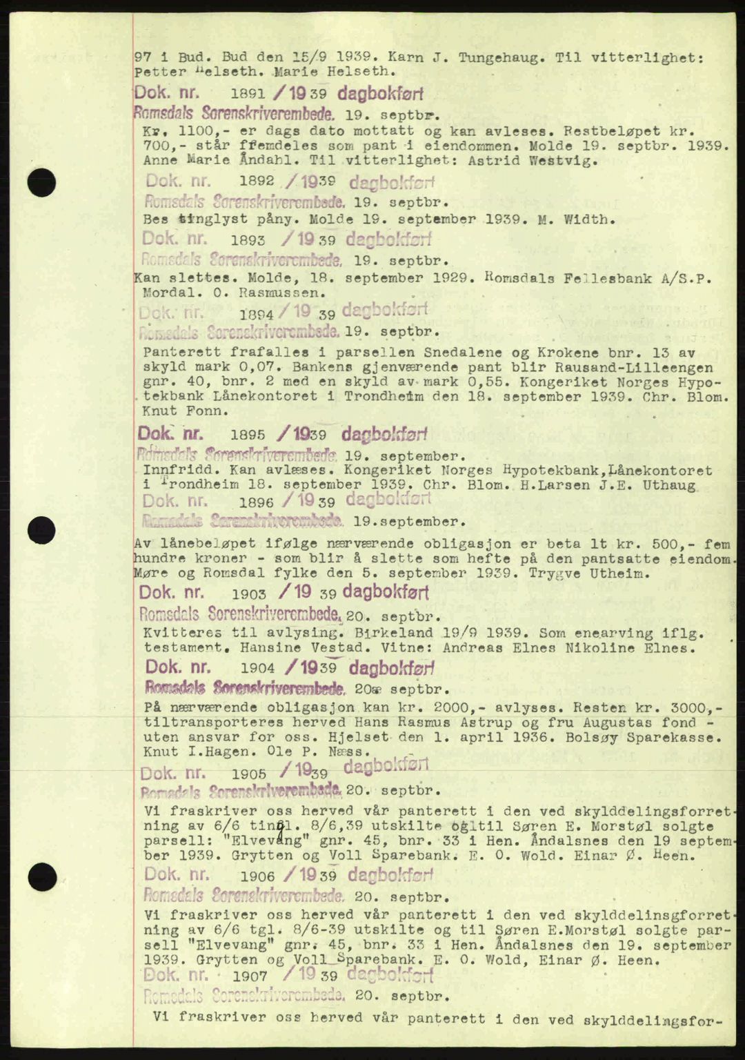 Romsdal sorenskriveri, AV/SAT-A-4149/1/2/2C: Mortgage book no. C1a, 1936-1945, Diary no: : 1891/1939