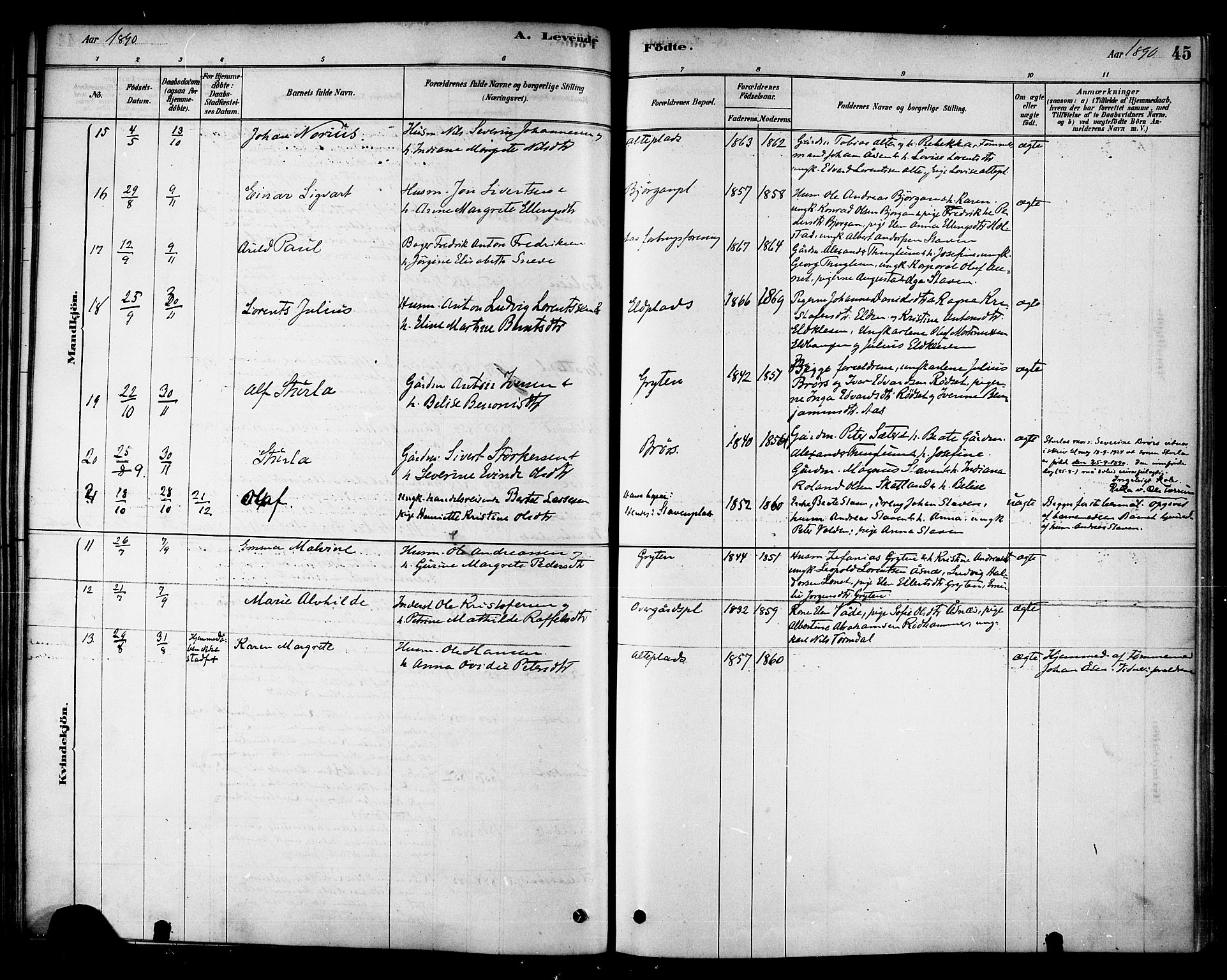 Ministerialprotokoller, klokkerbøker og fødselsregistre - Nord-Trøndelag, SAT/A-1458/742/L0408: Parish register (official) no. 742A01, 1878-1890, p. 45