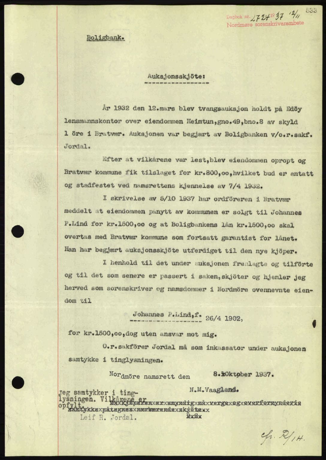 Nordmøre sorenskriveri, SAT/A-4132/1/2/2Ca: Mortgage book no. A82, 1937-1938, Diary no: : 2724/1937
