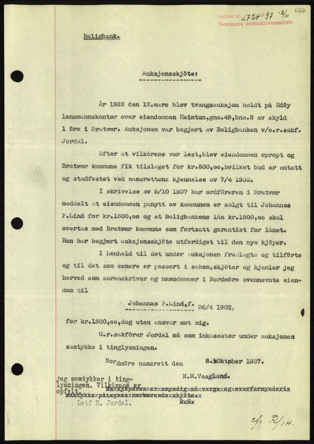 Nordmøre sorenskriveri, AV/SAT-A-4132/1/2/2Ca: Mortgage book no. A82, 1937-1938, Diary no: : 2724/1937