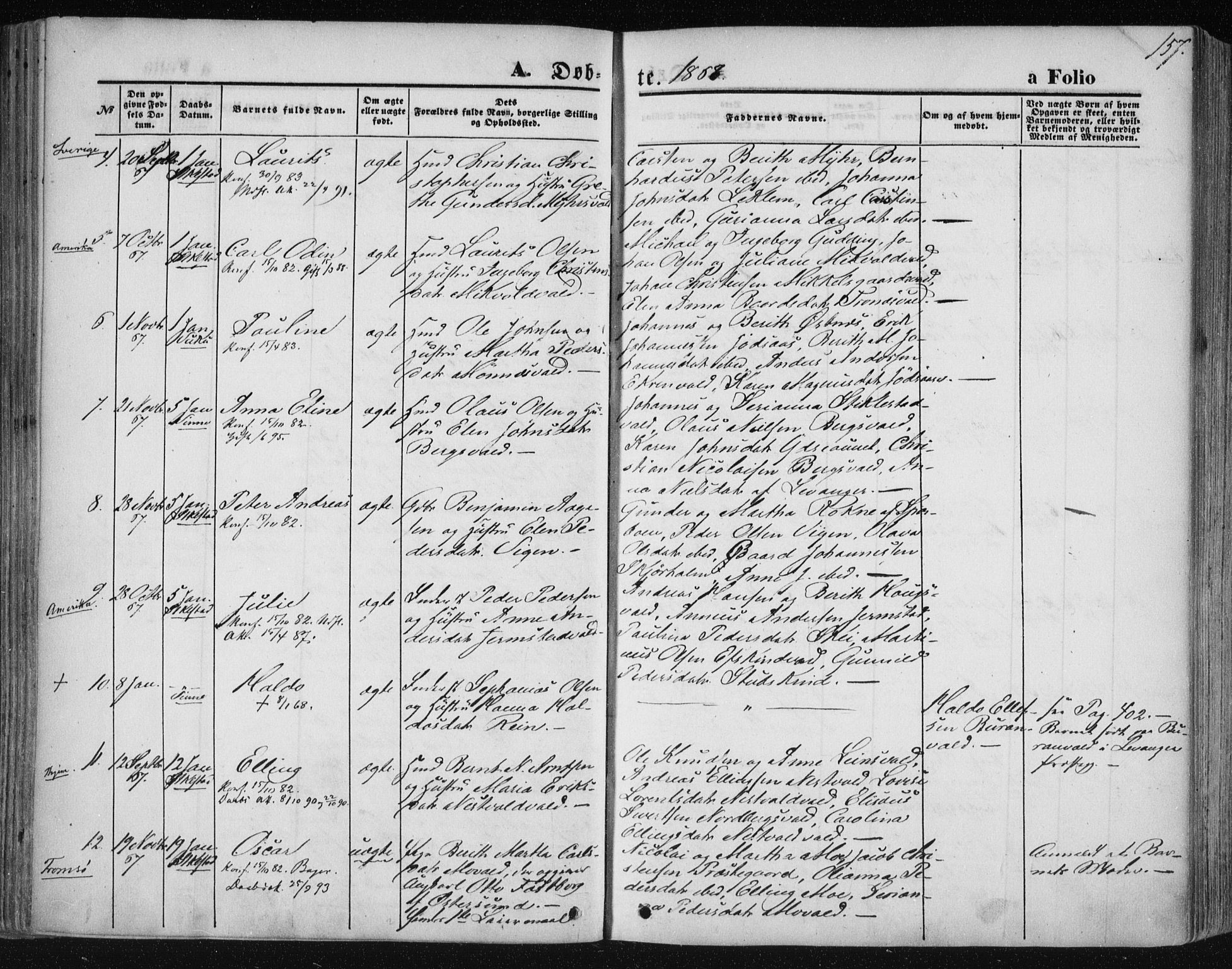 Ministerialprotokoller, klokkerbøker og fødselsregistre - Nord-Trøndelag, AV/SAT-A-1458/723/L0241: Parish register (official) no. 723A10, 1860-1869, p. 157